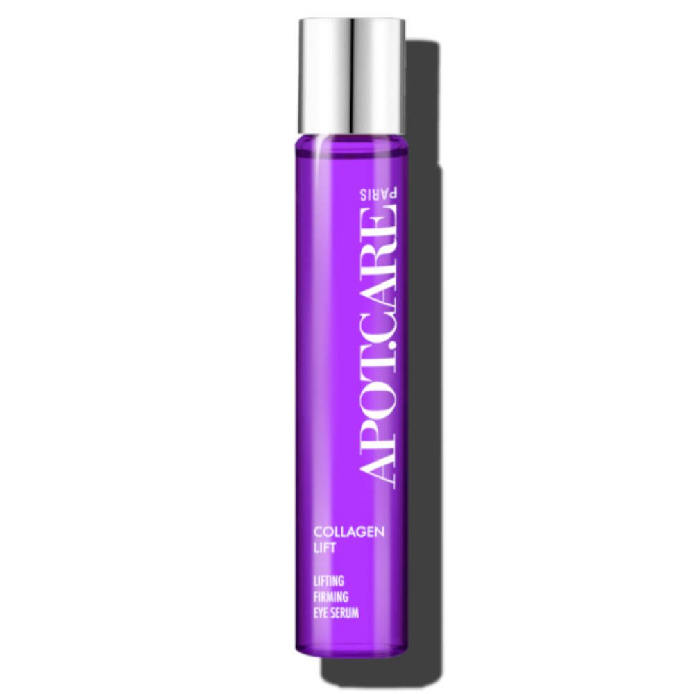 Flacon violet avec logo APOT.CARE. Nom du produit: Collagen Lift Sérum regard. Bouchon argenté.