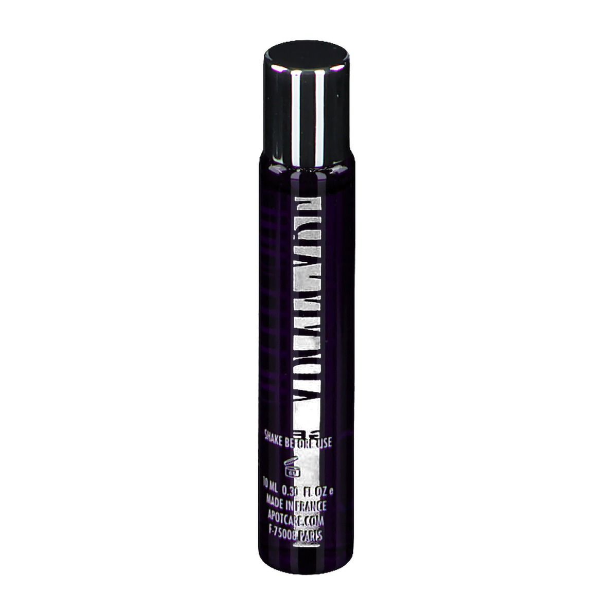 Flacon violet foncé avec logo APOT.CARE et texte. Nom du produit: Collagen Lift Sérum regard. Bouchon argenté.