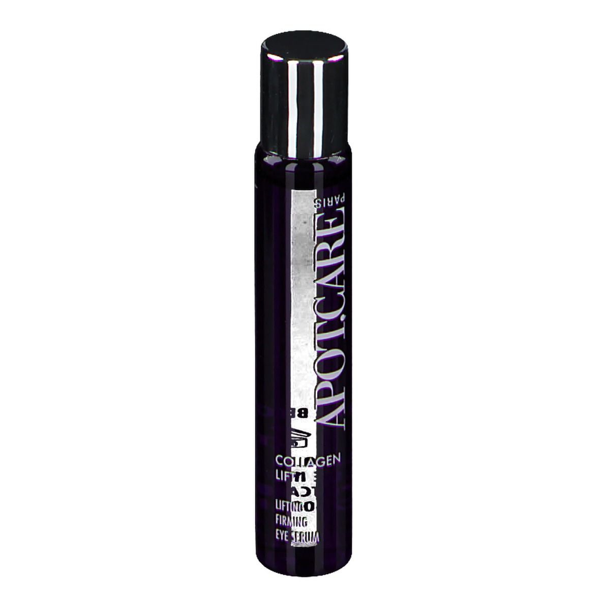 Flacon violet foncé avec logo APOT.CARE et texte. Nom du produit: Collagen Lift Sérum regard. Bouchon argenté.