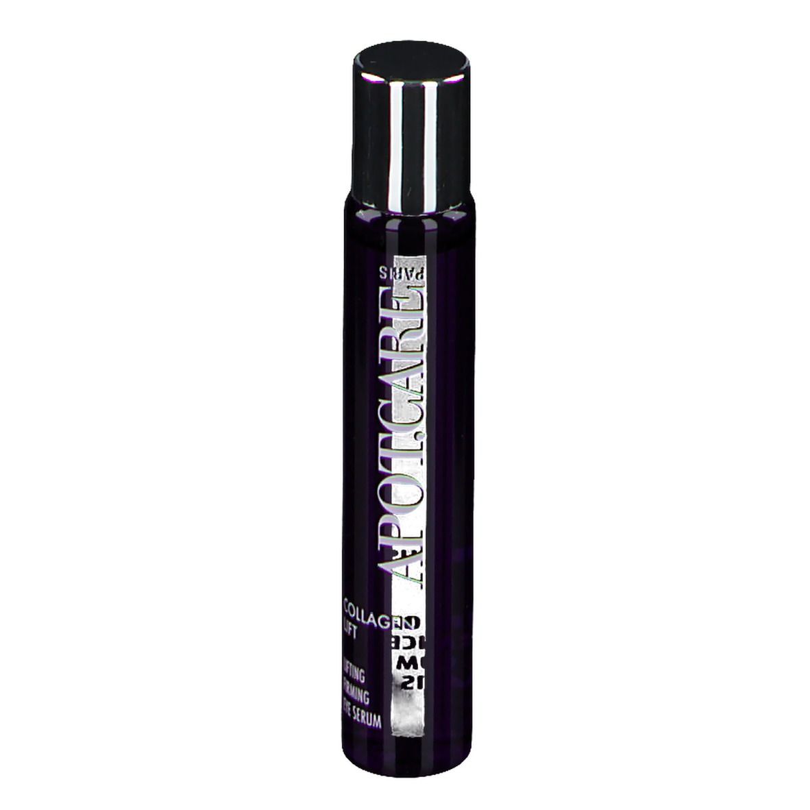 Flacon violet foncé avec logo APOT.CARE et texte. Nom du produit: Collagen Lift Sérum regard. Bouchon argenté.