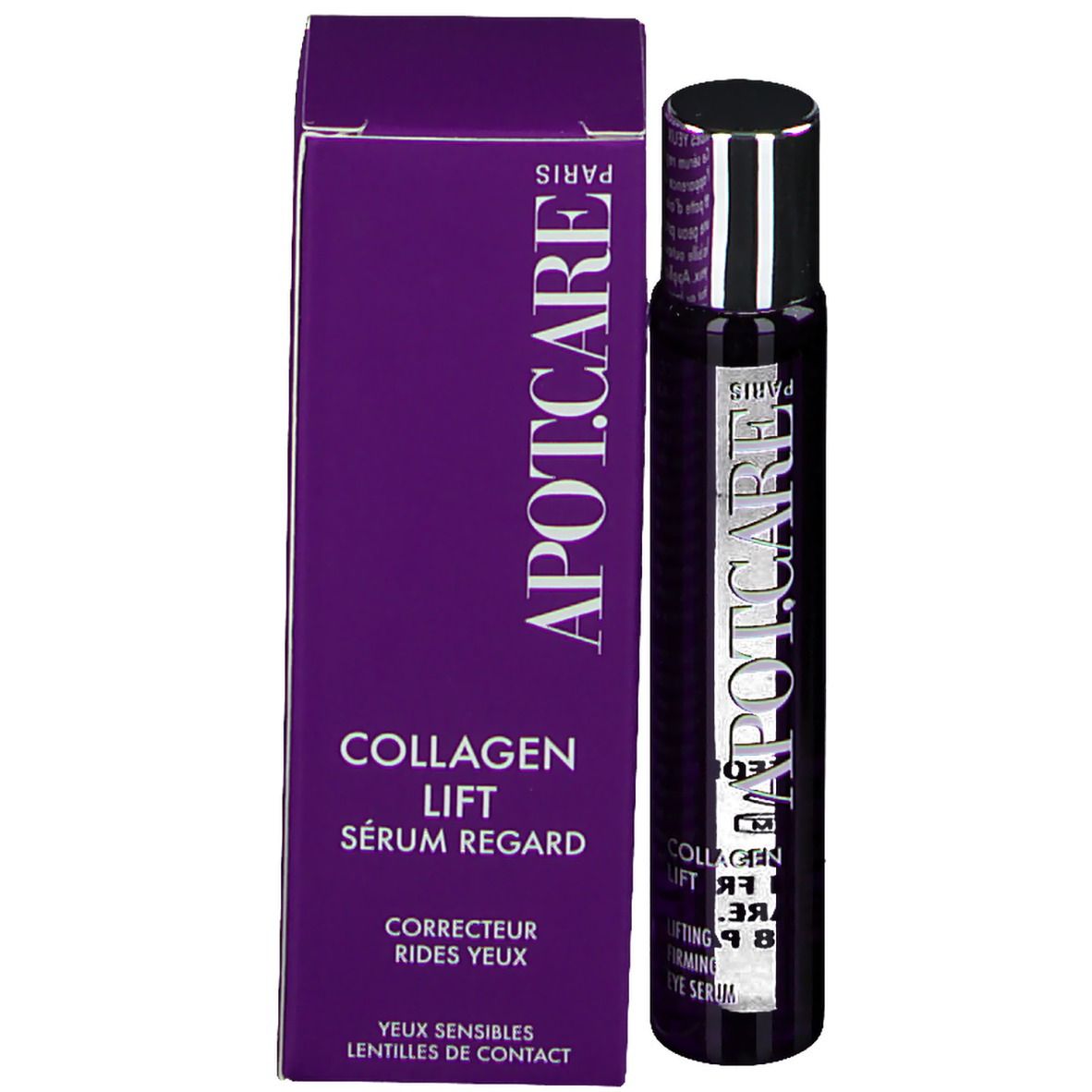 Emballage produit avec flacon. Logo APOT.CARE et nom du produit: Collagen Lift Sérum regard. Bouchon argenté.