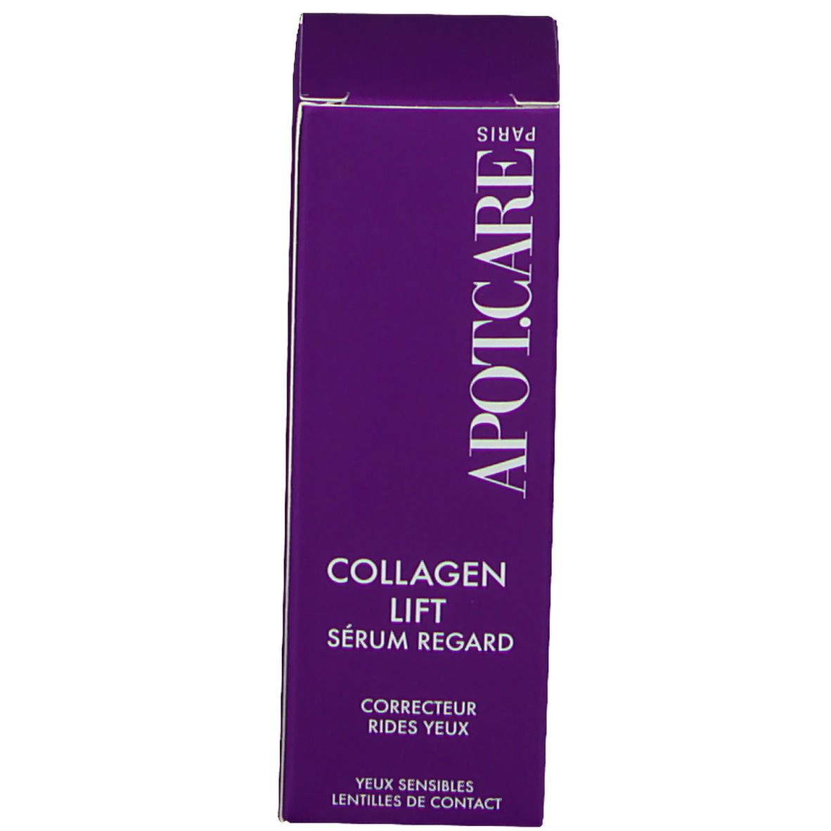 Emballage produit avec logo APOT.CARE et nom du produit: Collagen Lift Sérum regard. Fond violet.