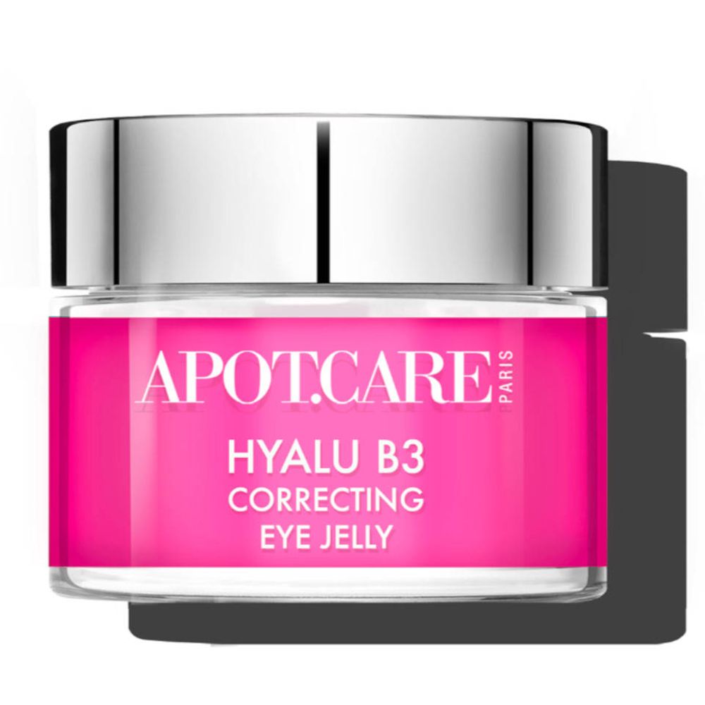 Tiegel mit APOT.CARE Hyalu B3 Korrigierendes Augengel. Rosa Etikett mit Produktnamen und silbernem Deckel.