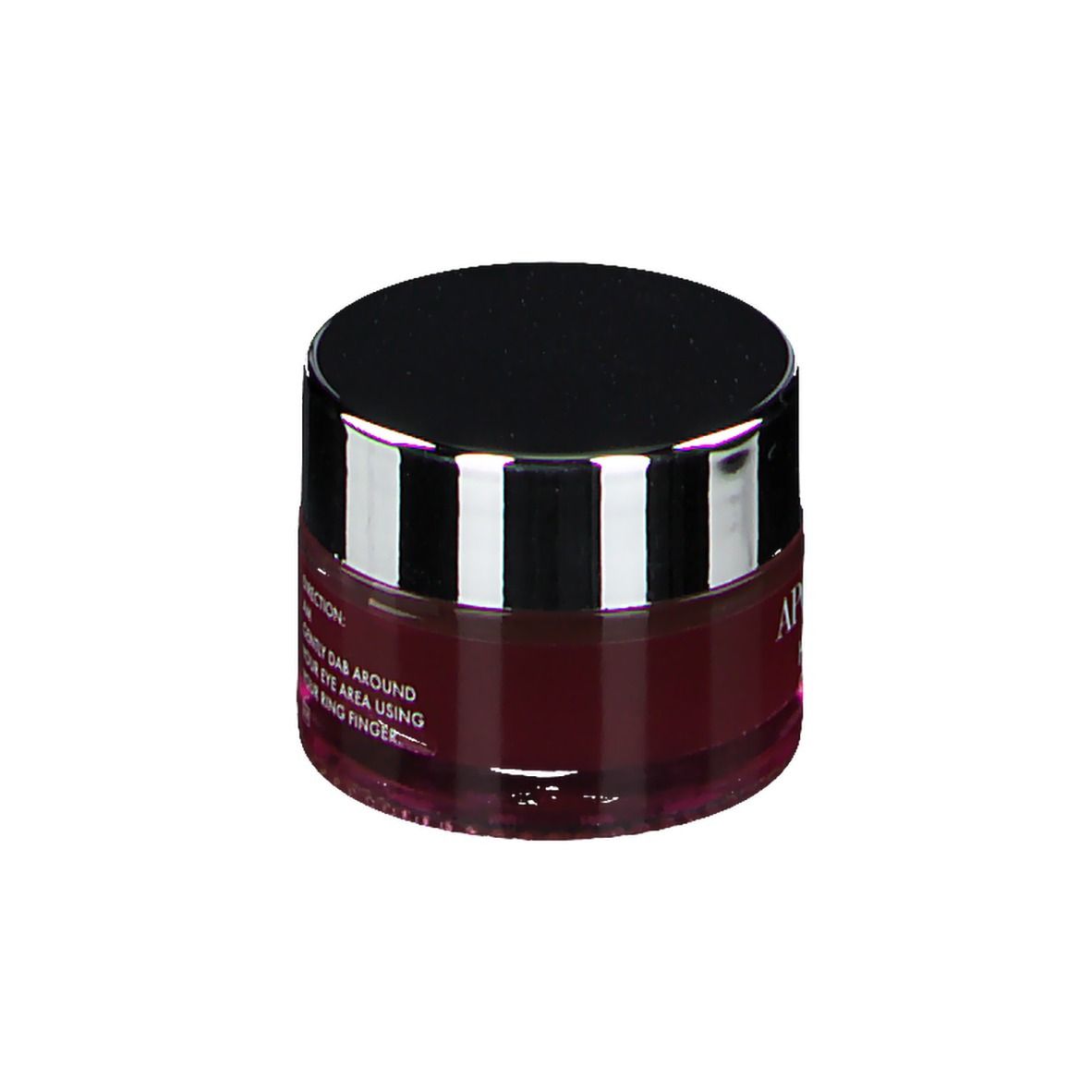 Kleiner Tiegel mit schwarzem Deckel und silbernem Rand. Rotes Glas mit Produktinformationen und Anweisungen.
