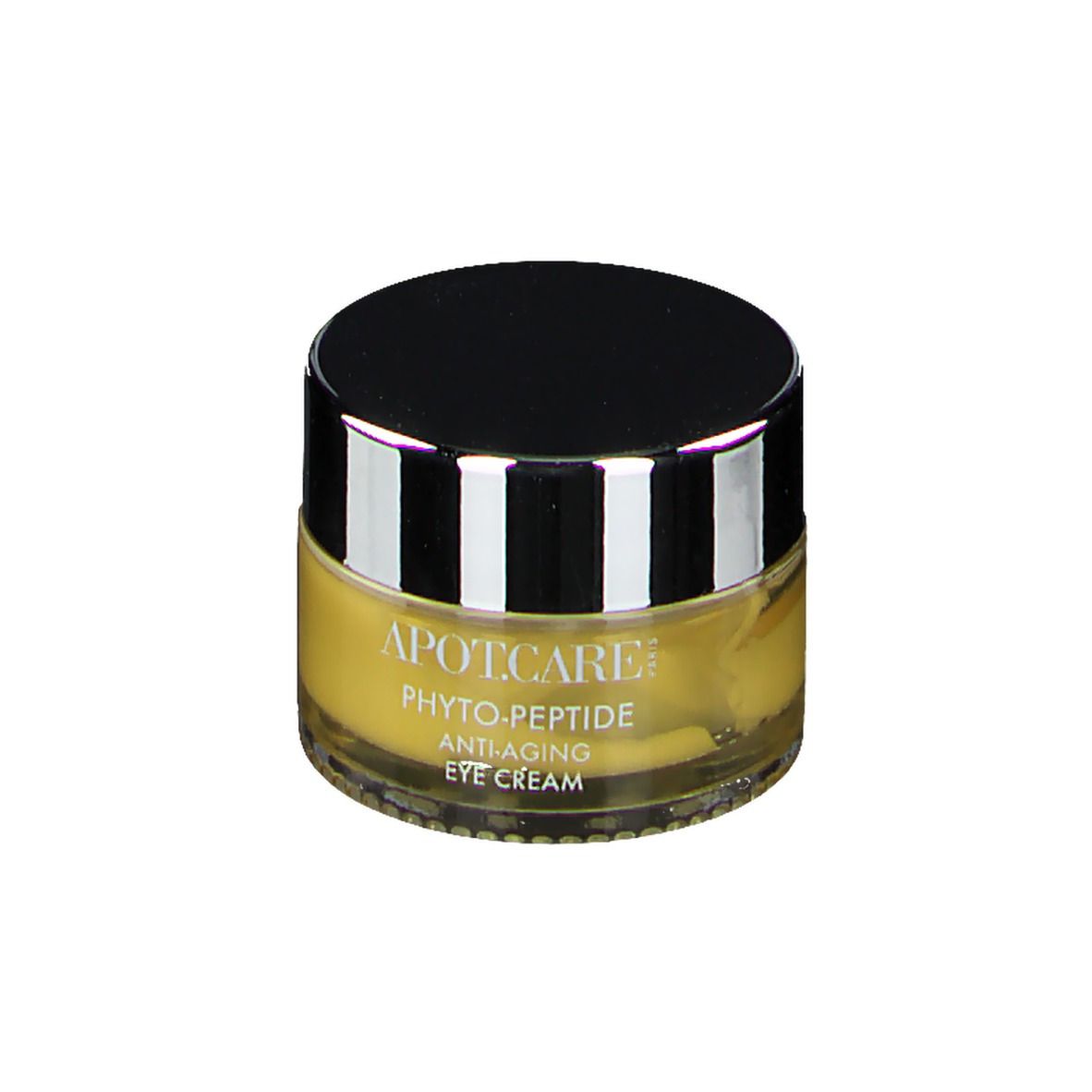 Pot rond avec couvercle noir et bord argenté. Crème jaune visible. Inscription APOT.CARE, PHYTO-PEPTIDE, ANTI-AGING EYE CREAM.