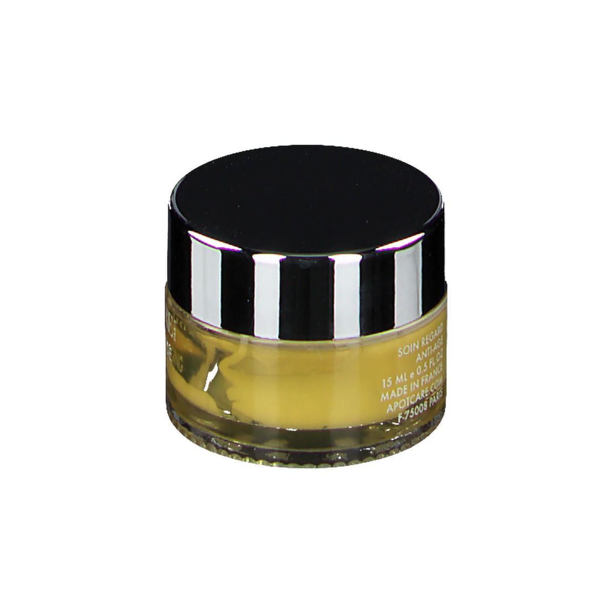 Pot rond avec couvercle noir et bord argenté. Crème jaune visible. Inscription APOT.CARE, PHYTO-PEPTIDE, ANTI-AGING EYE CREAM.