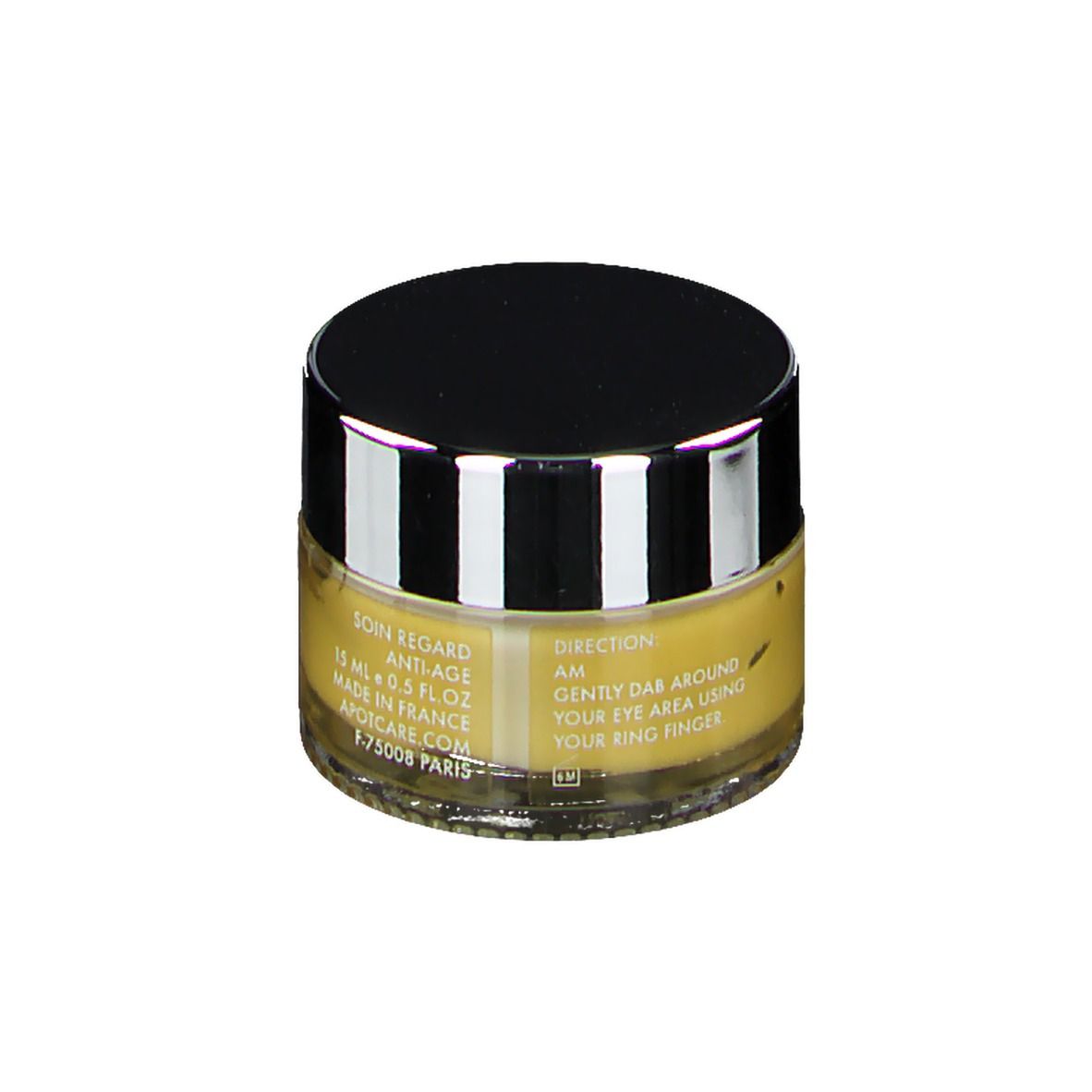 Pot rond avec couvercle noir et bord argenté. Crème jaune visible. Inscription APOT.CARE, PHYTO-PEPTIDE, ANTI-AGING EYE CREAM.