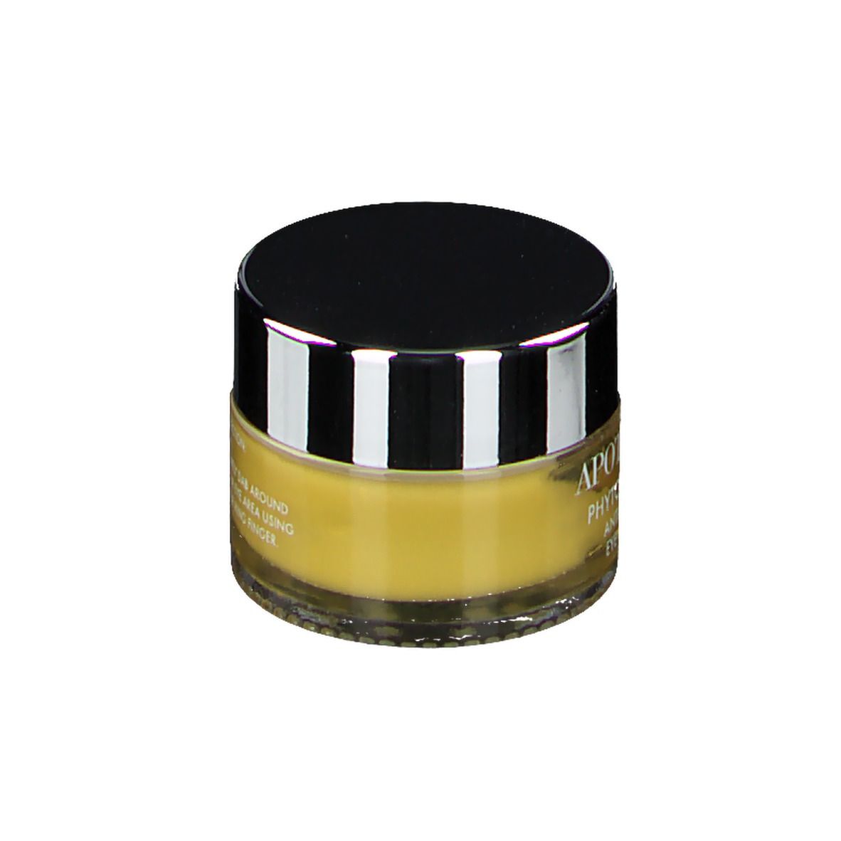 Pot rond avec couvercle noir et bord argenté. Crème jaune visible. Inscription APOT.CARE, PHYTO-PEPTIDE, ANTI-AGING EYE CREAM.