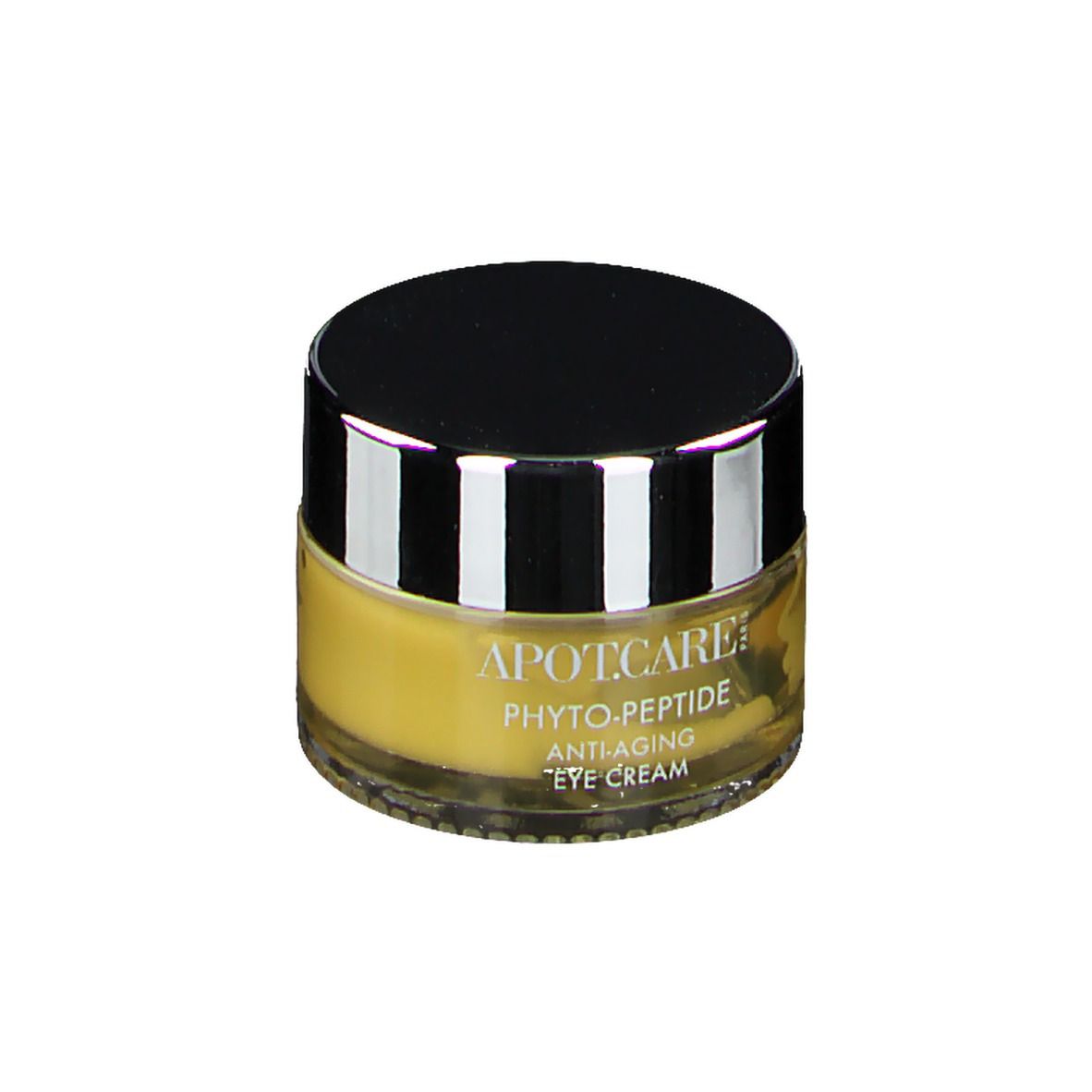 Pot rond avec couvercle noir et bord argenté. Crème jaune visible. Inscription APOT.CARE, PHYTO-PEPTIDE, ANTI-AGING EYE CREAM.