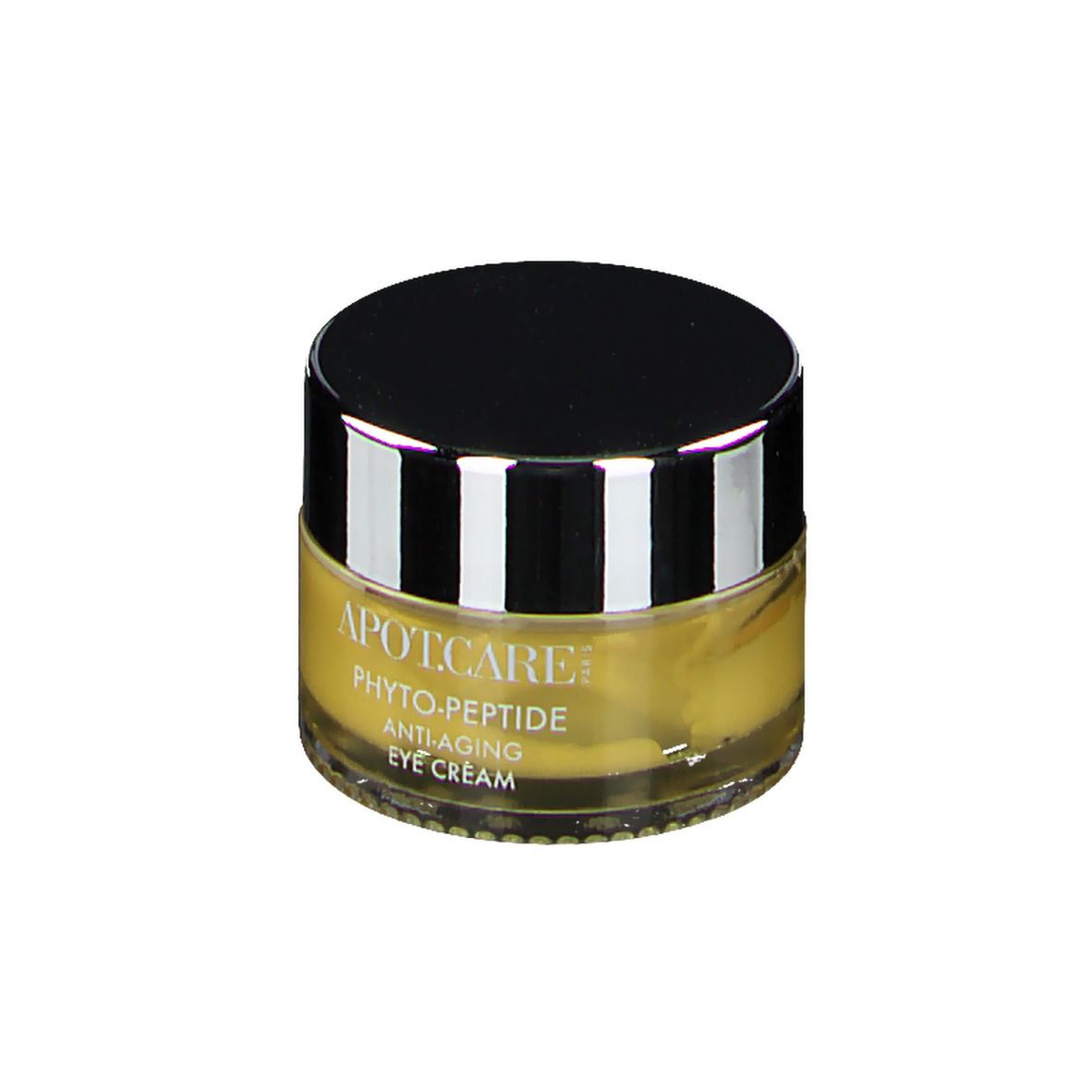Pot rond avec couvercle noir et bord argenté. Crème jaune visible. Inscription APOT.CARE, PHYTO-PEPTIDE, ANTI-AGING EYE CREAM.