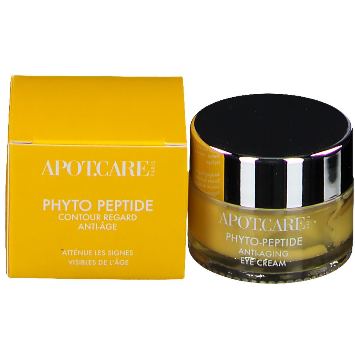 Emballage et pot du produit. Boîte jaune avec texte blanc. Pot avec couvercle noir et bord argenté. Inscription APOT.CARE.