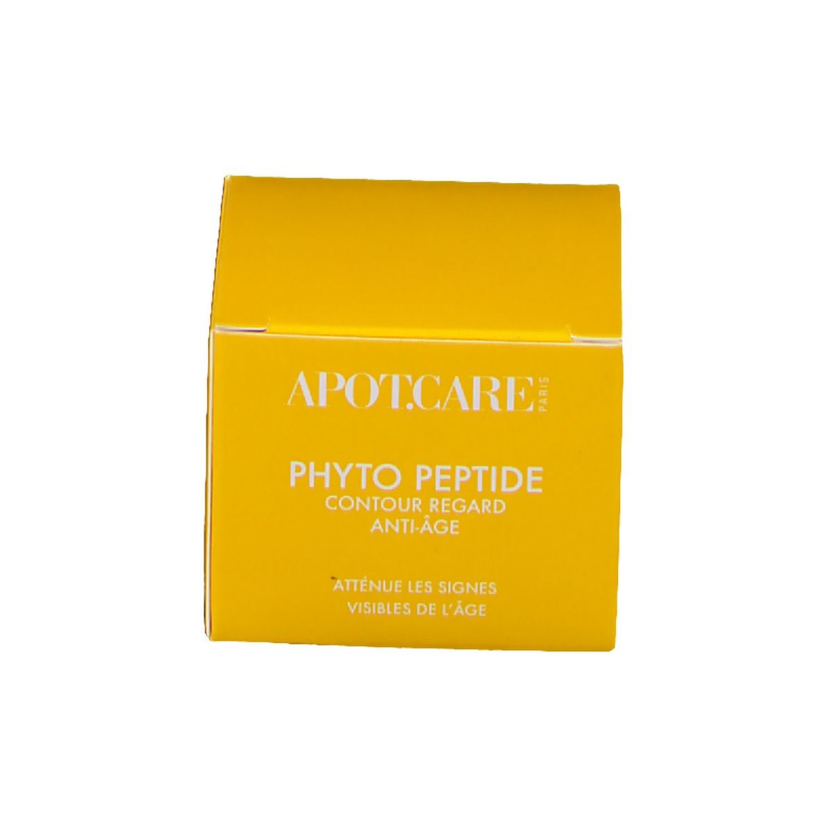 Emballage du produit. Boîte jaune avec texte blanc. Inscription APOT.CARE, PHYTO PEPTIDE CONTOUR REGARD ANTI-AGE.