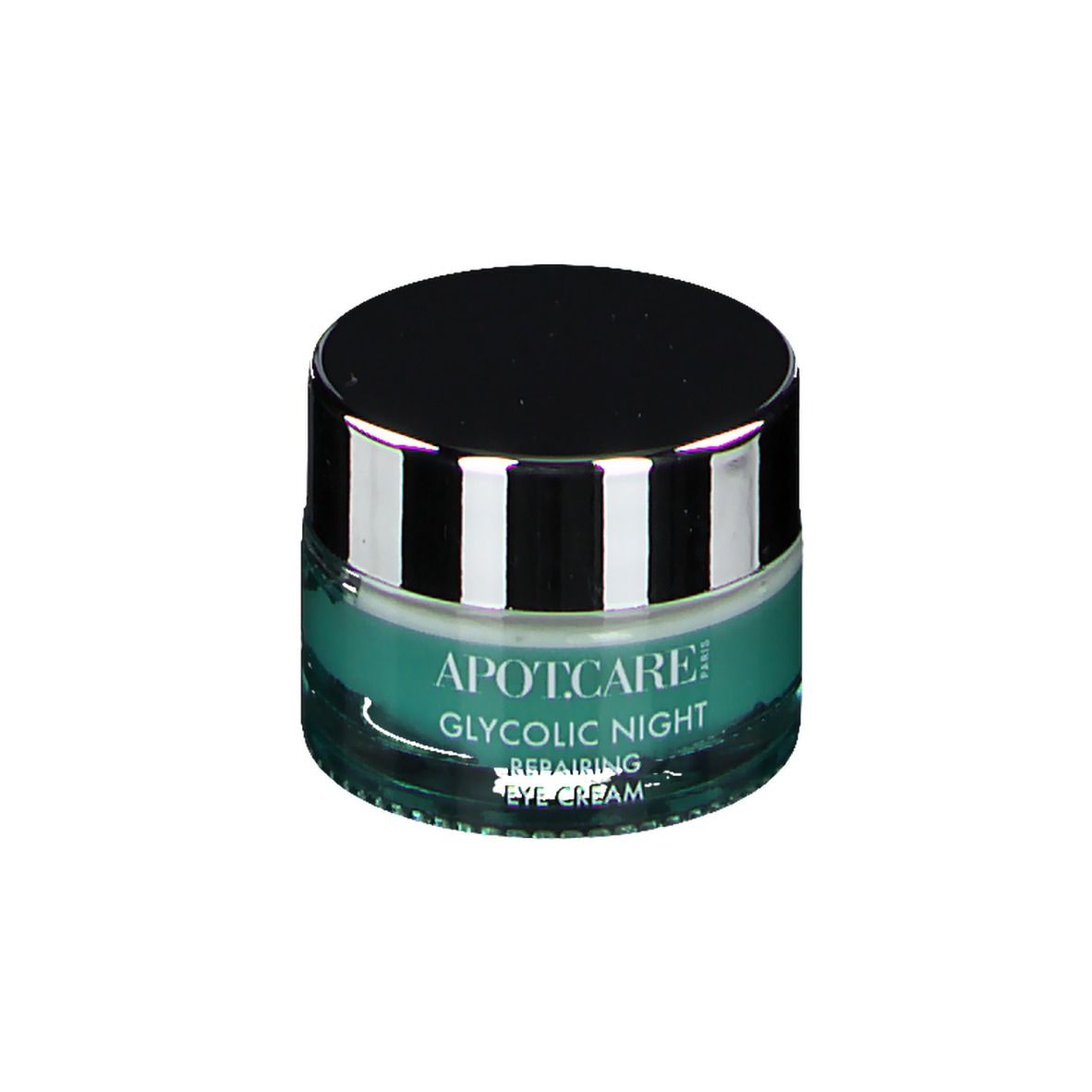 Rundes Augencreme-Glas mit schwarzem Deckel. Aufschrift: APOT.CARE, Glycolic Night, Repairing Eye Cream.