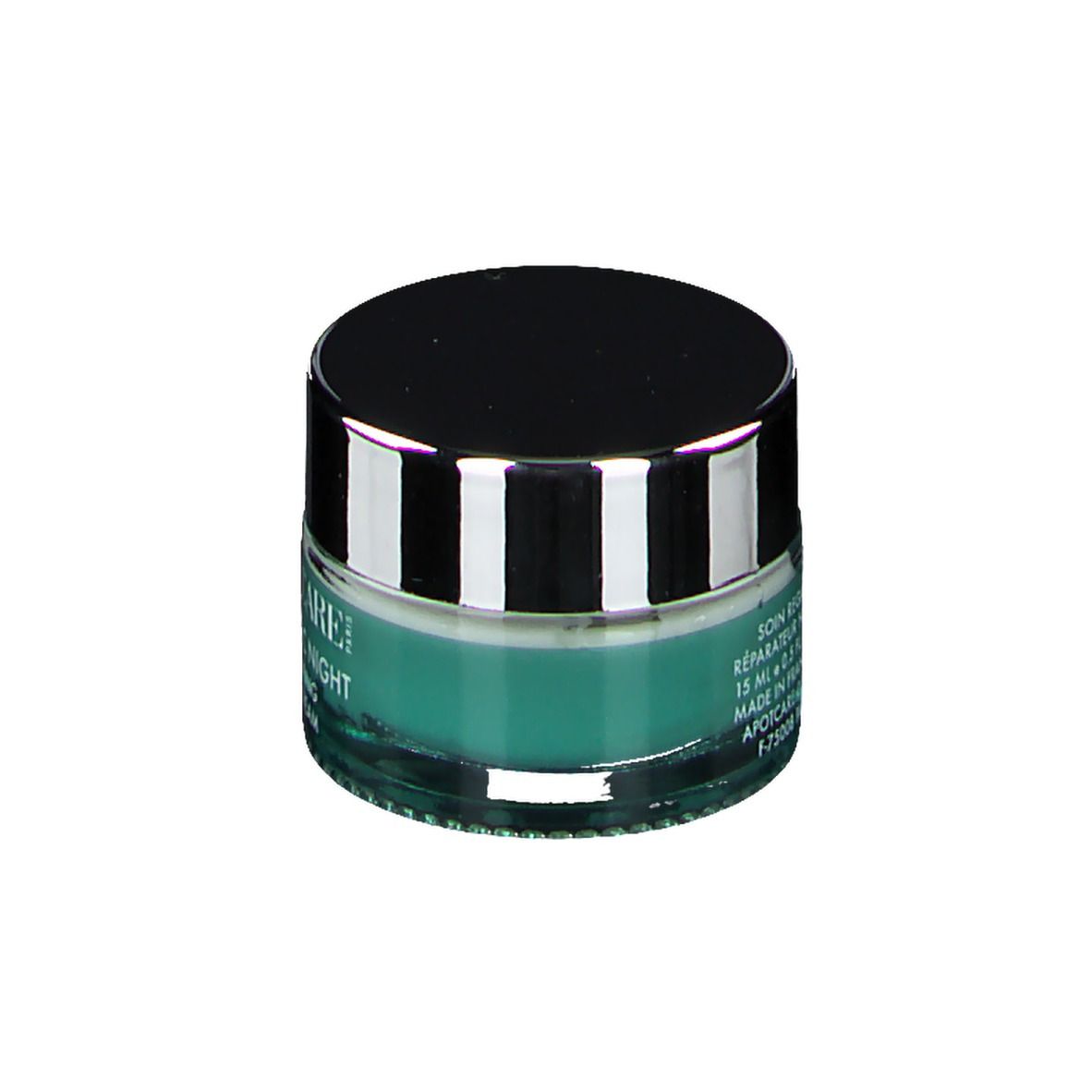 Rundes Augencreme-Glas mit schwarzem Deckel. Aufschrift: APOT.CARE, Glycolic Night, Repairing Eye Cream.