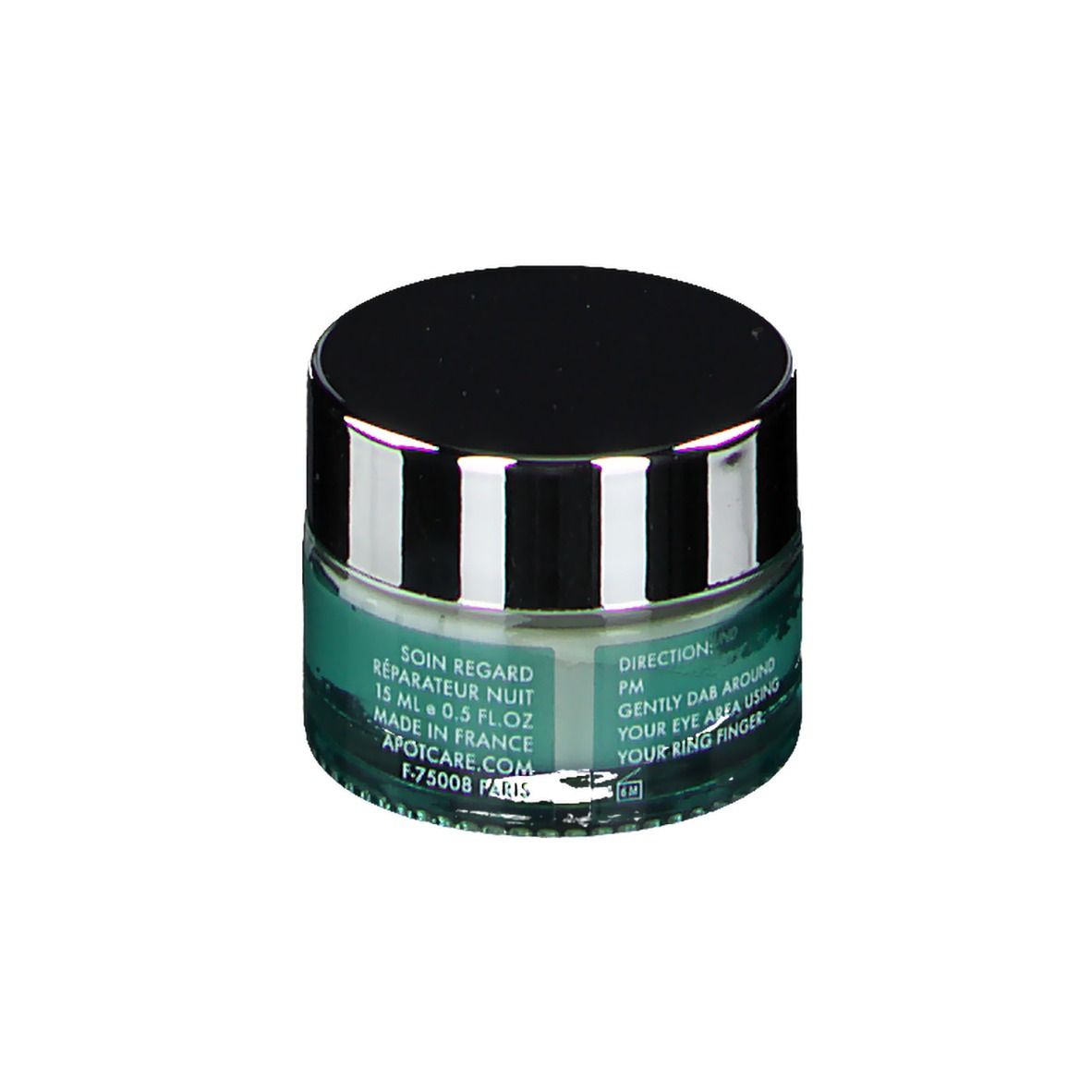 Rundes Augencreme-Glas mit schwarzem Deckel. Aufschrift: APOT.CARE, Glycolic Night, Repairing Eye Cream.