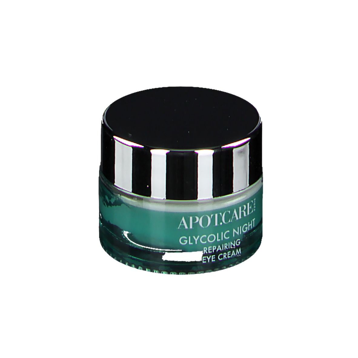 Rundes Augencreme-Glas mit schwarzem Deckel. Aufschrift: APOT.CARE, Glycolic Night, Repairing Eye Cream.