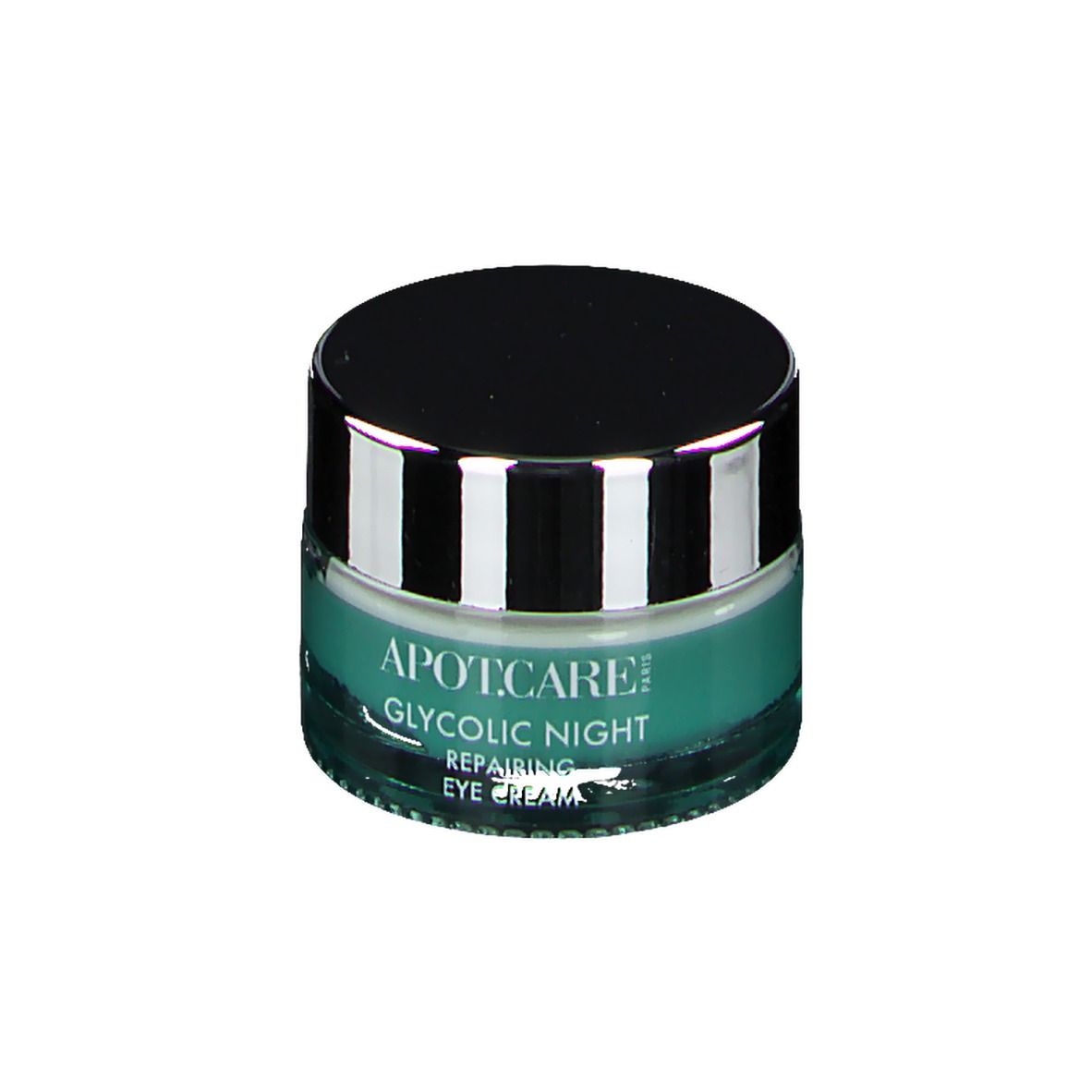 Rundes Augencreme-Glas mit schwarzem Deckel. Aufschrift: APOT.CARE, Glycolic Night, Repairing Eye Cream.