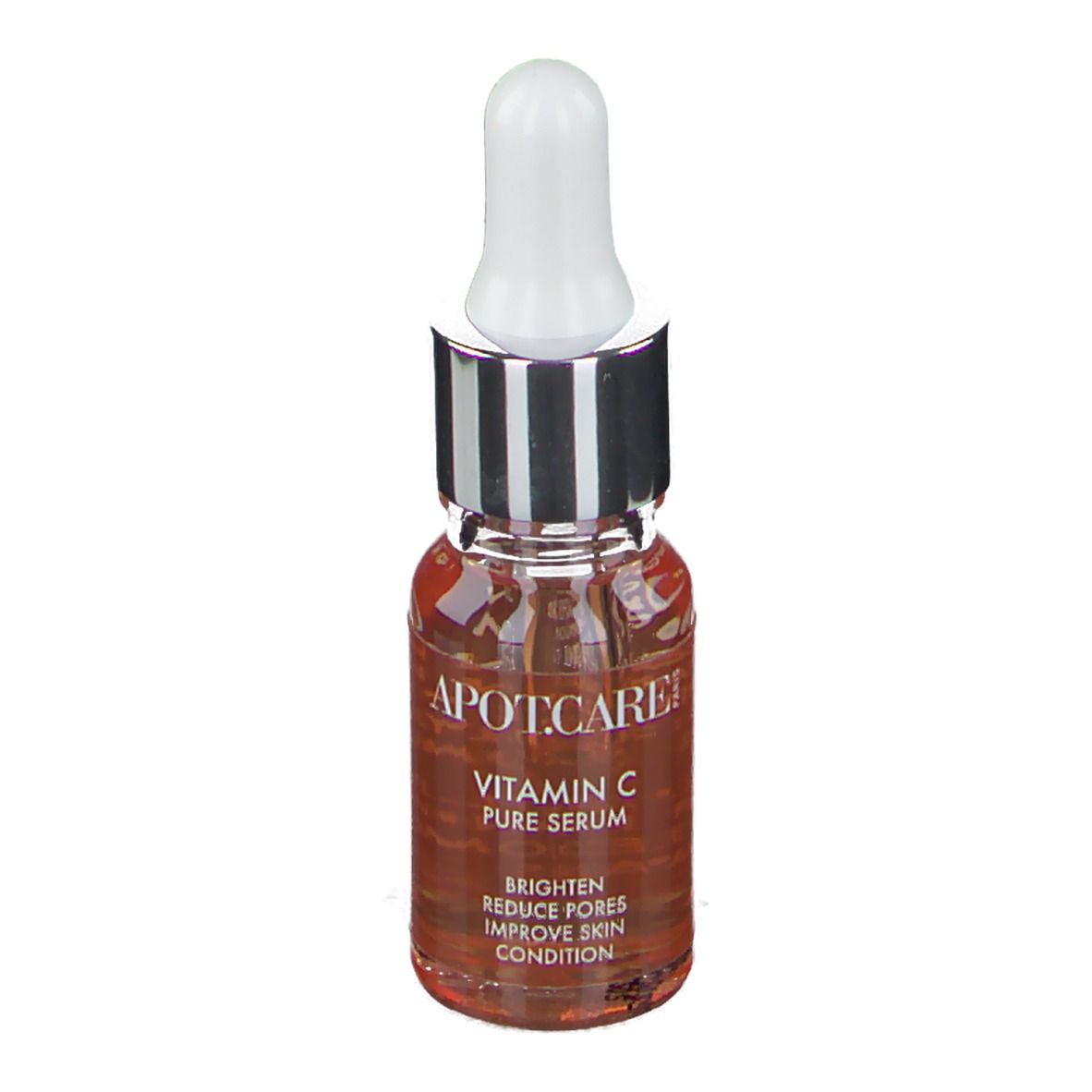Serumflasche mit Pipette. Aufschrift: APOT.CARE Vitamin C Pure Serum. Flüssigkeit bernsteinfarben.
