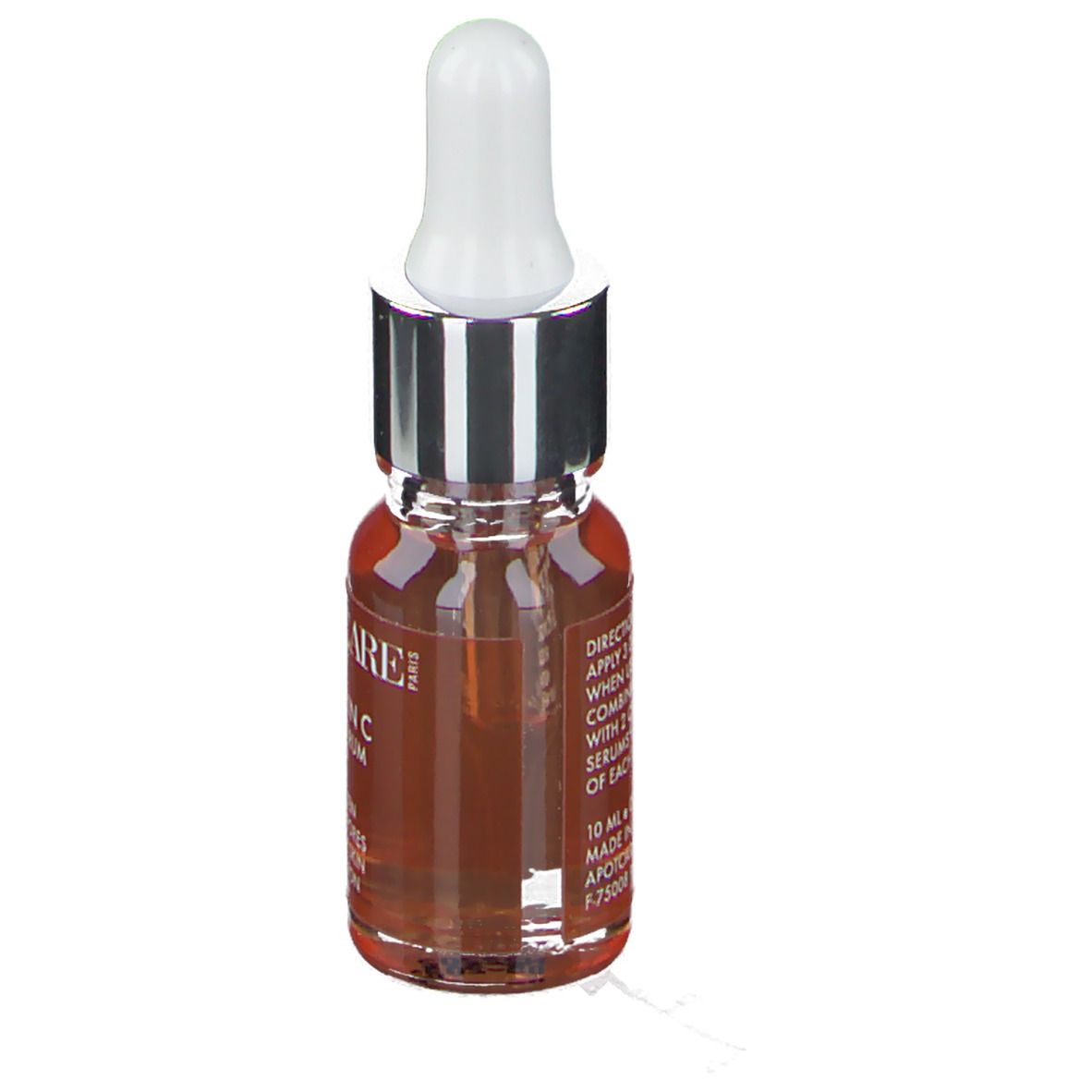Serumflasche mit Pipette. Aufschrift: APOT.CARE Vitamin C Pure Serum. Flüssigkeit bernsteinfarben.