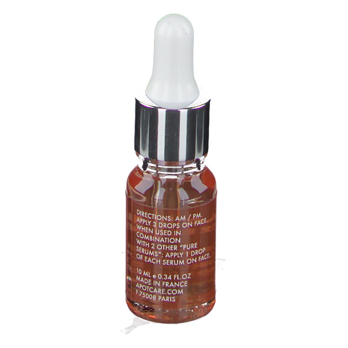 Serumflasche mit Pipette. Aufschrift: APOT.CARE Vitamin C Pure Serum. Flüssigkeit bernsteinfarben.