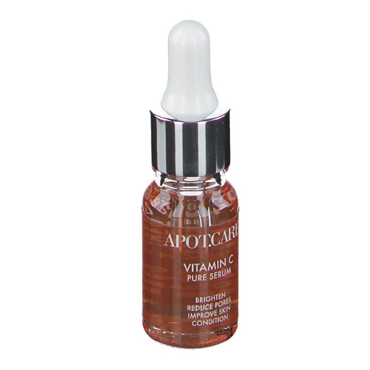 Serumflasche mit Pipette. Aufschrift: APOT.CARE Vitamin C Pure Serum. Flüssigkeit bernsteinfarben.