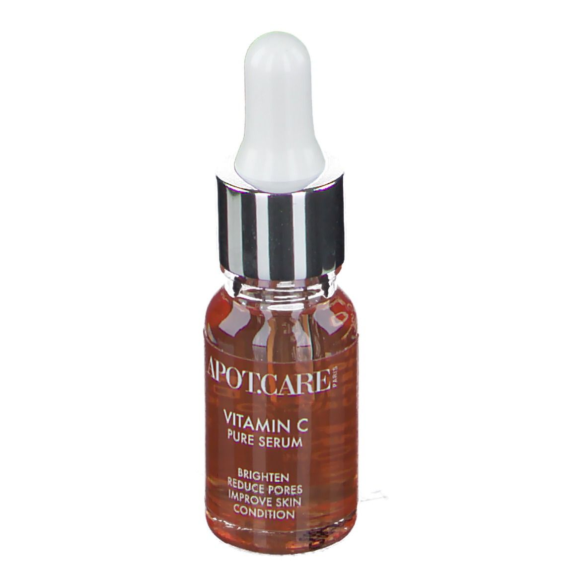 Serumflasche mit Pipette. Aufschrift: APOT.CARE Vitamin C Pure Serum. Flüssigkeit bernsteinfarben.