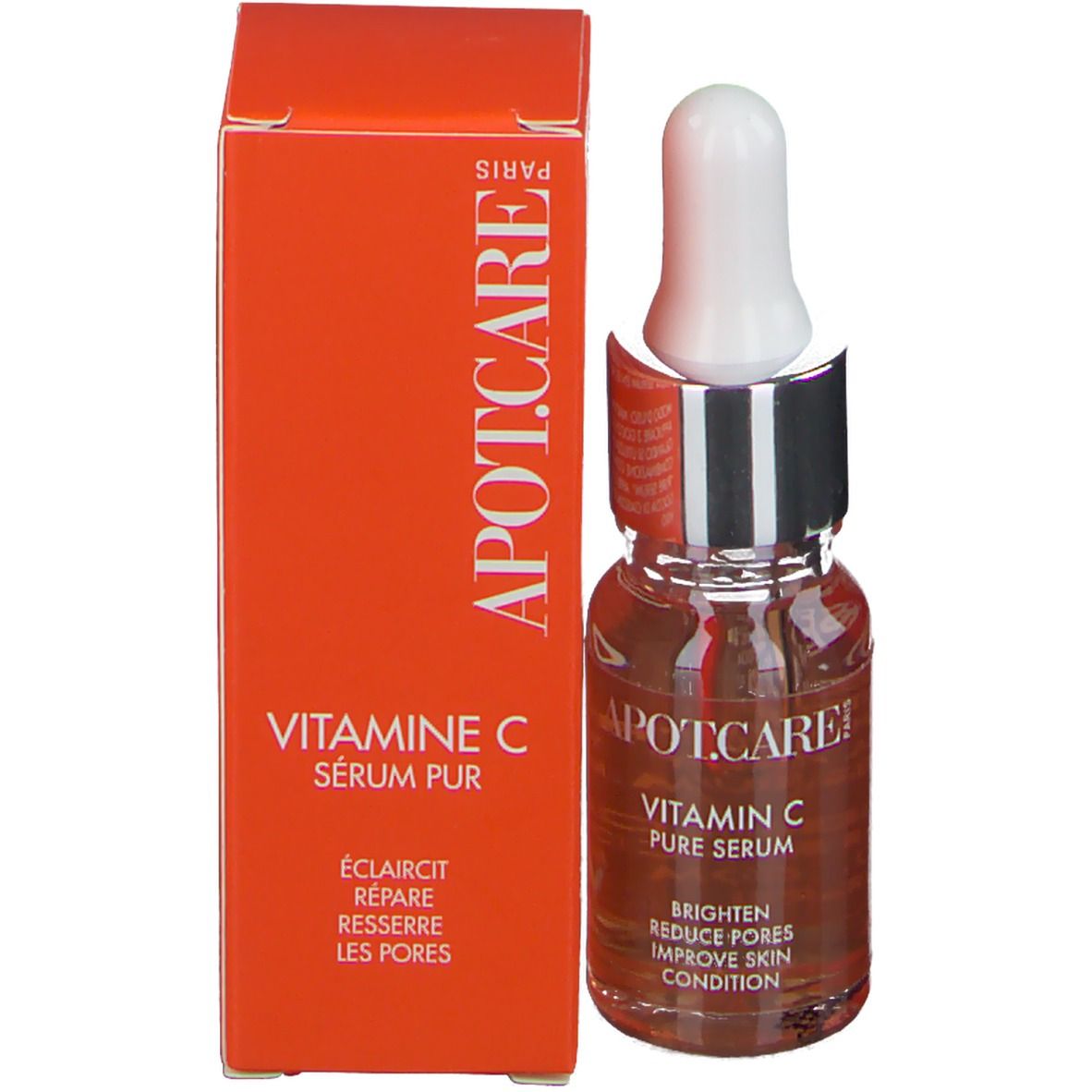 Serumflasche und Verpackung. Aufschrift: APOT.CARE Vitamin C Sérum Pur. Orangefarben.