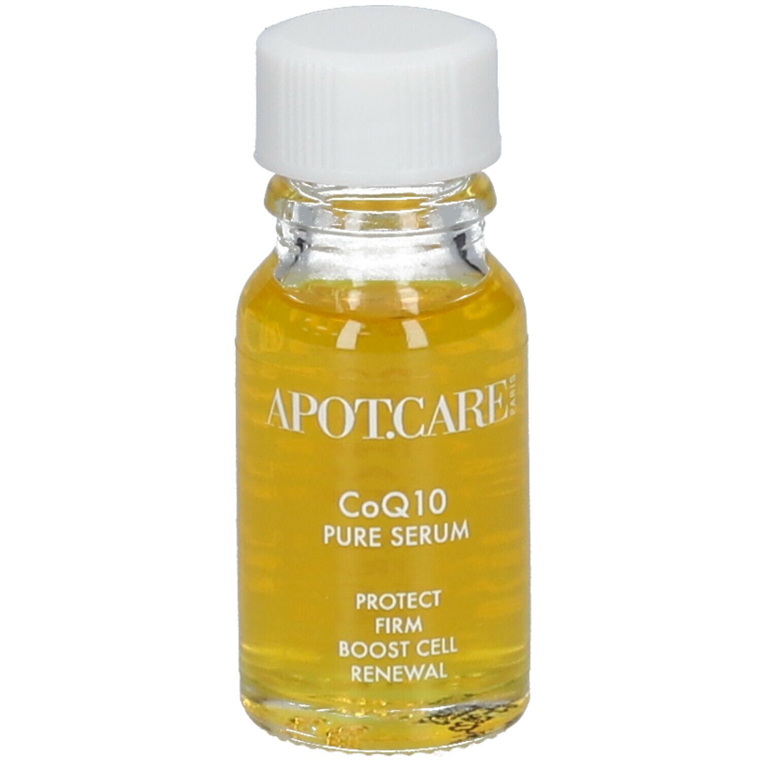 Petite bouteille en verre avec bouchon blanc. Sérum jaune visible. Inscription : APOT.CARE, CoQ10 Pure Serum, Protect, Firm, Boost Cell Renewal.