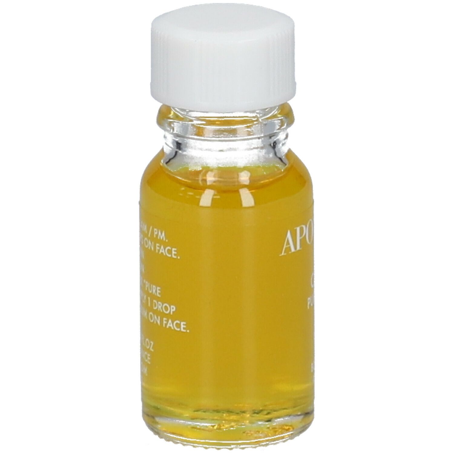 Petite bouteille en verre avec bouchon blanc. Sérum jaune visible. Inscription : APOT.CARE, CoQ10 Pure Serum, Protect, Firm, Boost Cell Renewal.