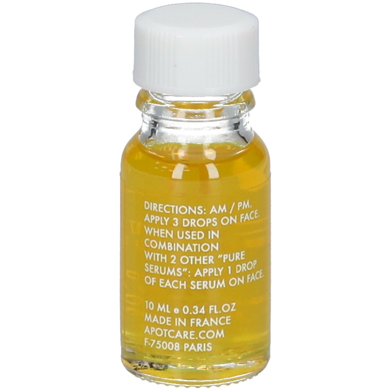 Petite bouteille en verre avec bouchon blanc. Sérum jaune visible. Inscription : APOT.CARE, CoQ10 Pure Serum. Texte au dos.