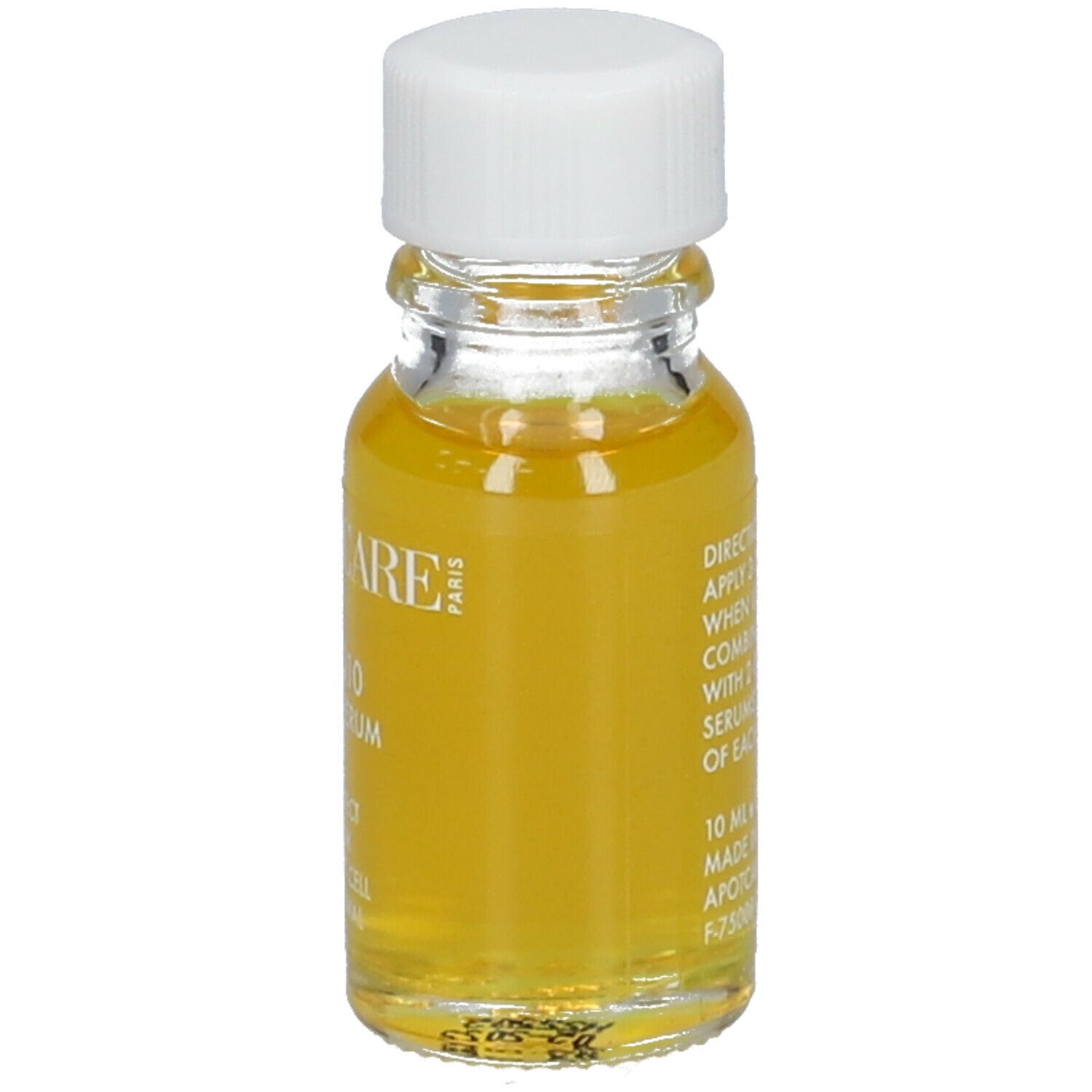 Petite bouteille en verre avec bouchon blanc. Sérum jaune visible. Inscription : APOT.CARE, CoQ10 Pure Serum. Texte au dos.