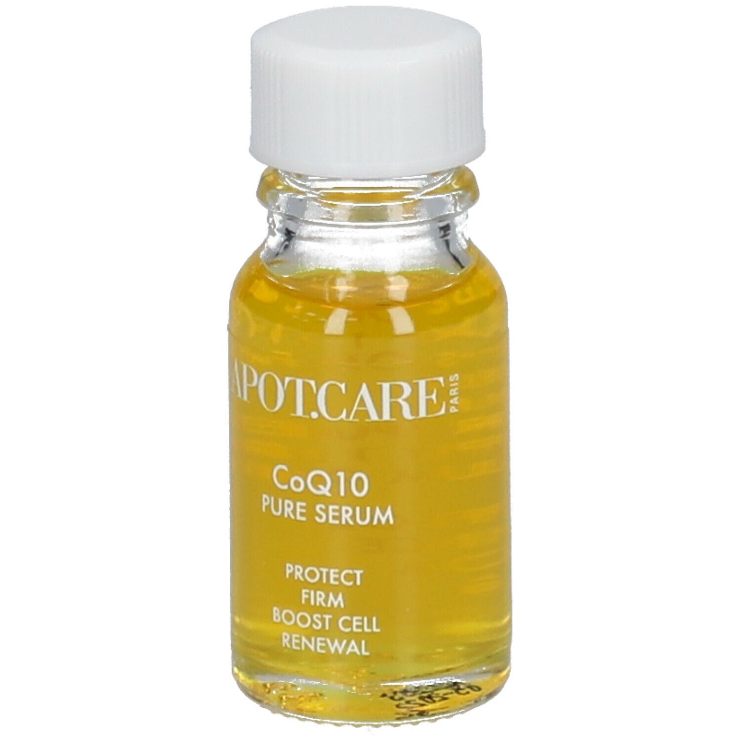 Petite bouteille en verre avec bouchon blanc. Sérum jaune visible. Inscription : APOT.CARE, CoQ10 Pure Serum, Protect, Firm, Boost Cell Renewal.