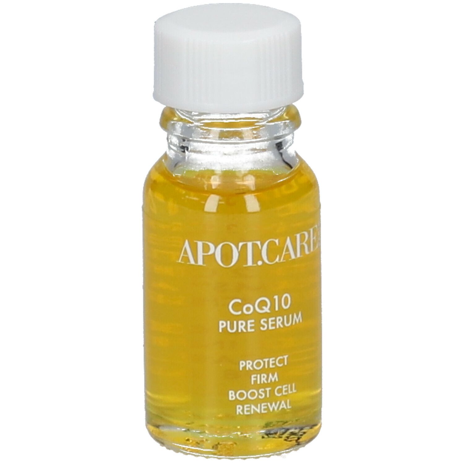 Petite bouteille en verre avec bouchon blanc. Sérum jaune visible. Inscription : APOT.CARE, CoQ10 Pure Serum, Protect, Firm, Boost Cell Renewal.