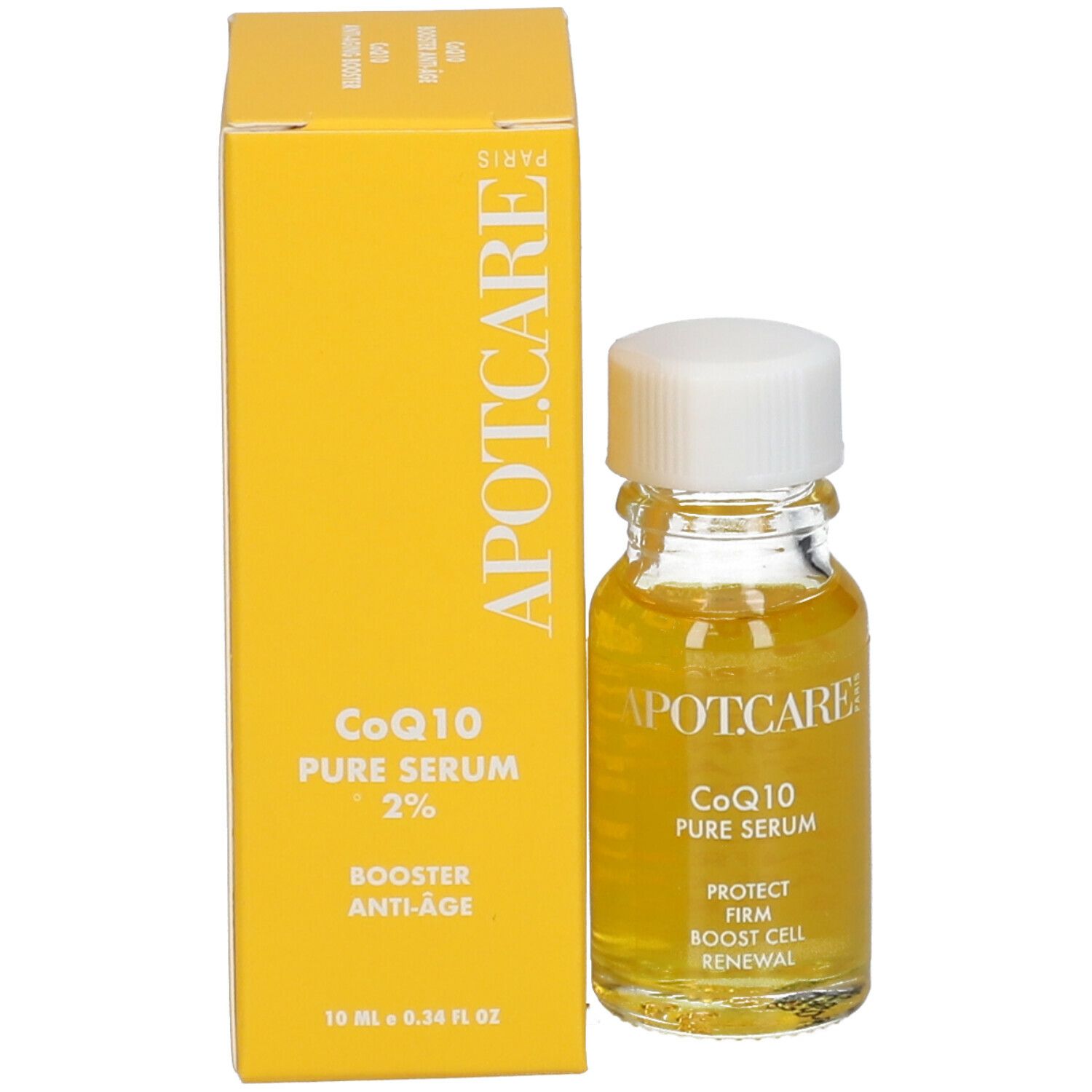 Boîte jaune et flacon. Inscription : APOT.CARE, CoQ10 Pure Serum 2%, Booster Anti-Âge. Flacon avec bouchon blanc.