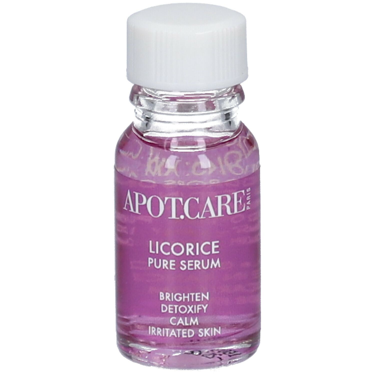 Flacon transparent avec bouchon blanc et liquide rose. Texte: APOT.CARE, Licorice Pure Serum, Brighten, Detoxify, Calm, Irritated Skin.