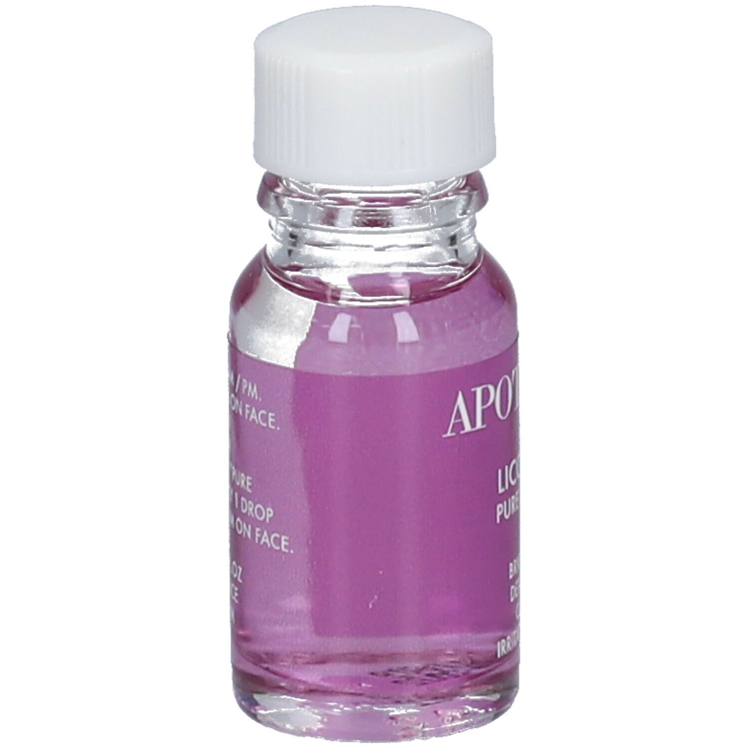 Flacon transparent avec bouchon blanc et liquide rose. Texte: APOT.CARE, Licorice Pure Serum, Instructions.