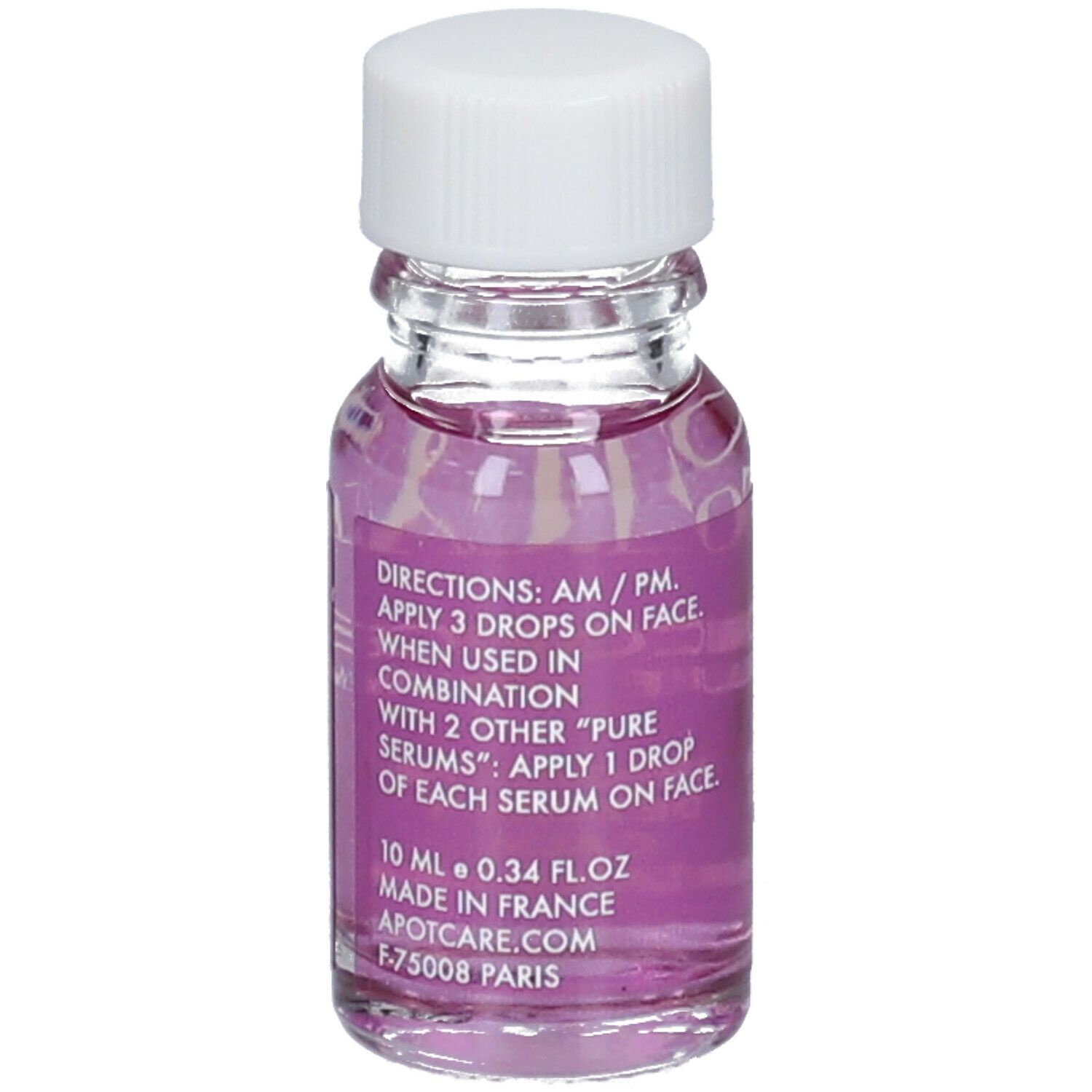 Flacon transparent avec bouchon blanc et liquide rose. Texte: APOT.CARE, Licorice Pure Serum, Instructions.