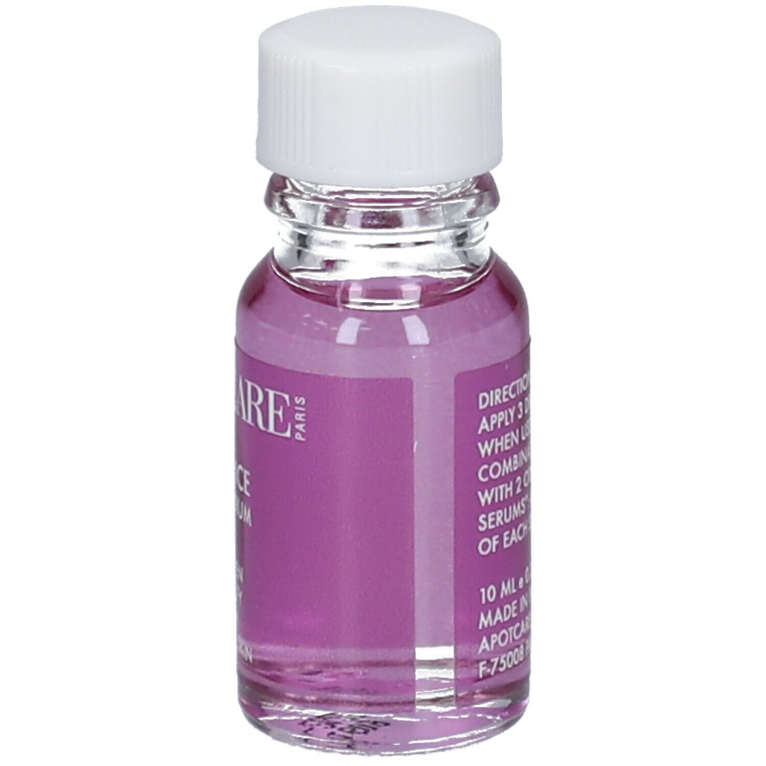 Flacon transparent avec bouchon blanc et liquide rose. Texte: APOT.CARE, Licorice Pure Serum, Instructions.