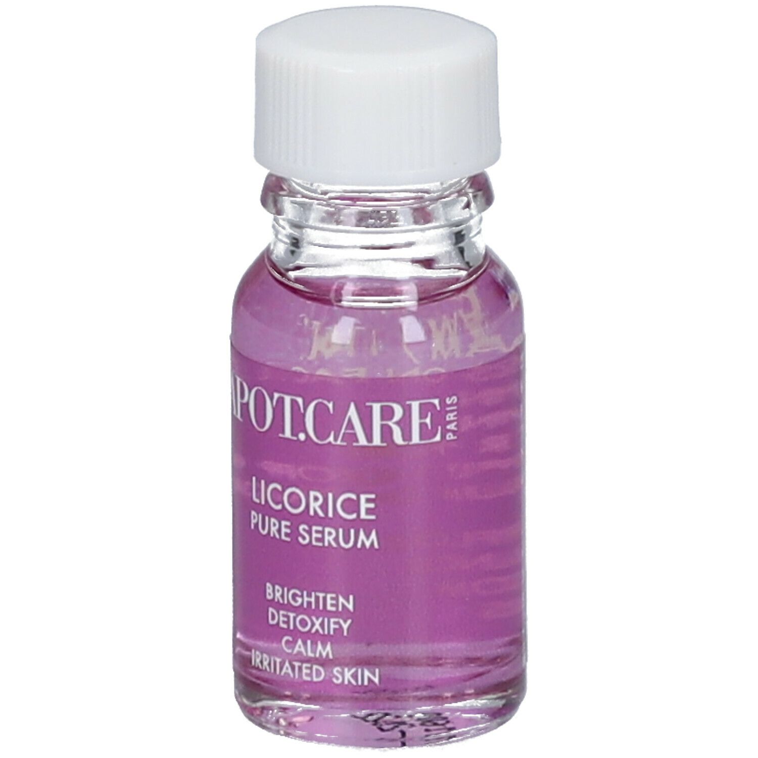 Flacon transparent avec bouchon blanc et liquide rose. Texte: APOT.CARE, Licorice Pure Serum, Brighten, Detoxify, Calm, Irritated Skin.