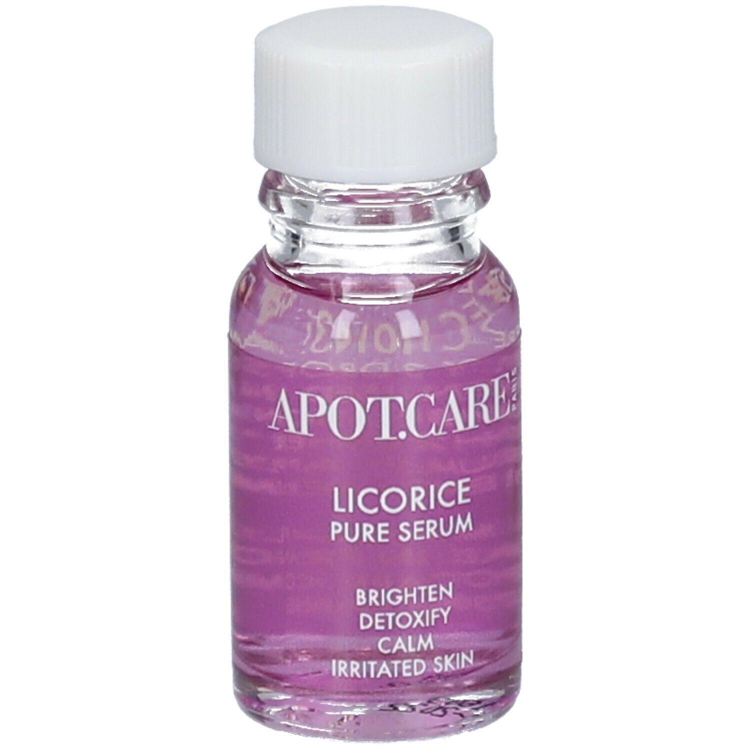Flacon transparent avec bouchon blanc et liquide rose. Texte: APOT.CARE, Licorice Pure Serum, Brighten, Detoxify, Calm, Irritated Skin.