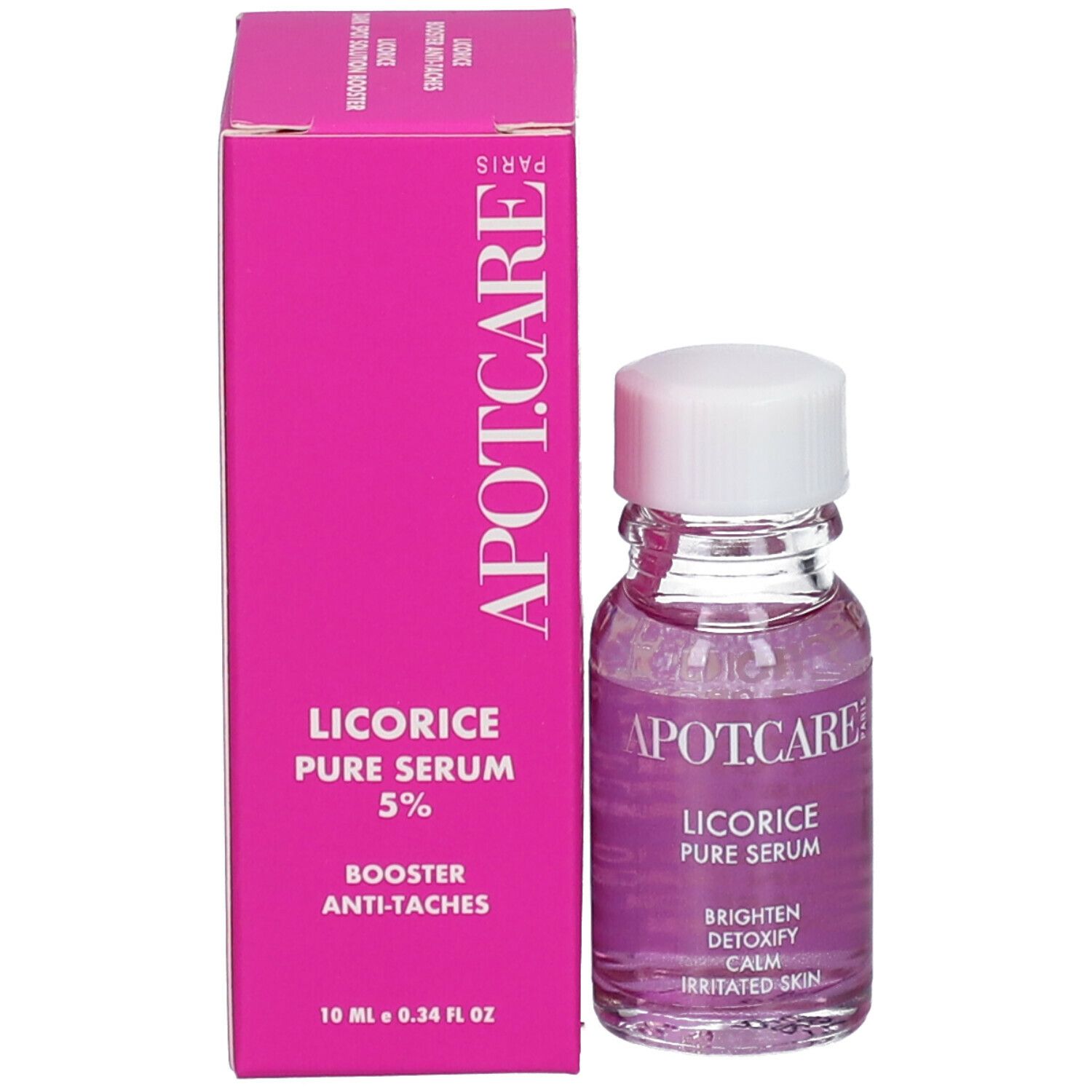 Emballage du produit avec flacon et boîte. Texte: APOT.CARE, Licorice Pure Serum 5%, Booster Anti-Taches.