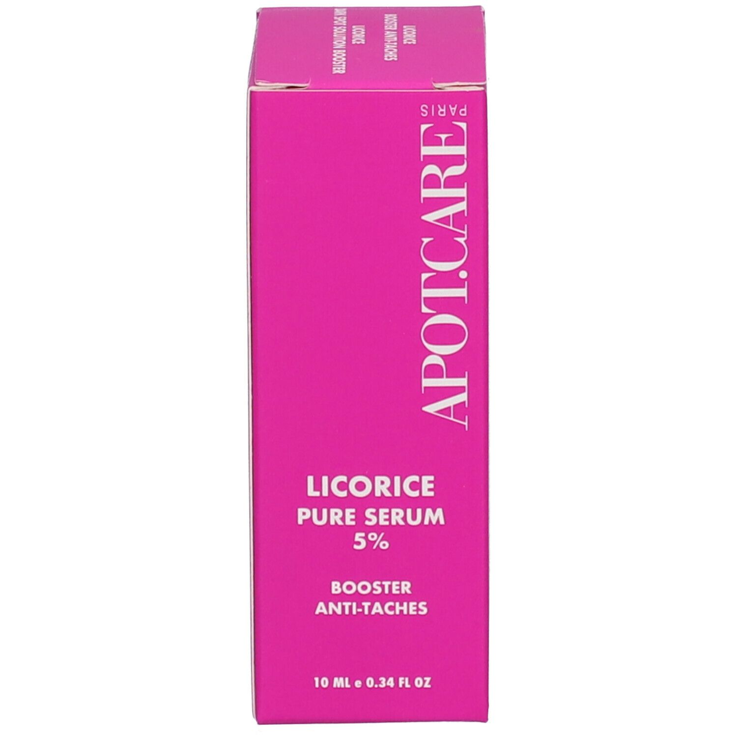 Boîte rose. Texte: APOT.CARE, Licorice Pure Serum 5%, Booster Anti-Taches, 10 ml.