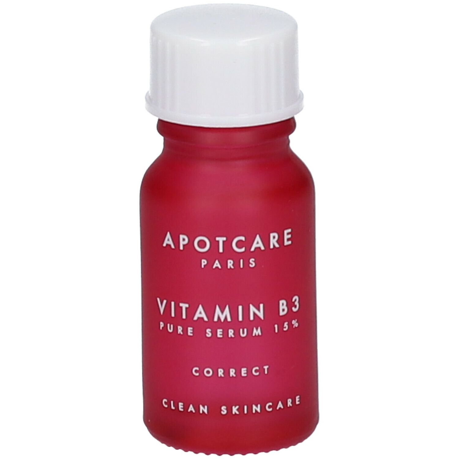 Kleine, rote Flasche mit weißem Deckel. Etikett mit Text: APOT.CARE, Vitamin B3 Pure Serum 15%, Correct, Clean Skincare.