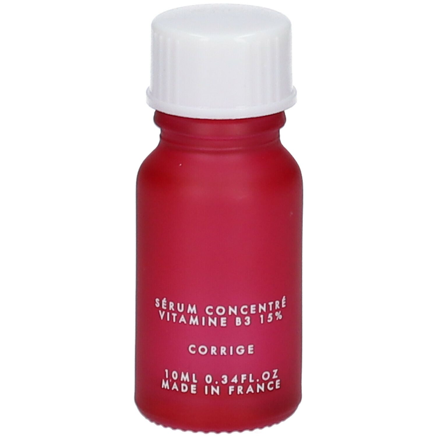 Kleine, rote Flasche mit weißem Deckel. Etikett mit Text: APOT.CARE, Vitamin B3 Pure Serum 15%, Correct, 10ml, Made in France.