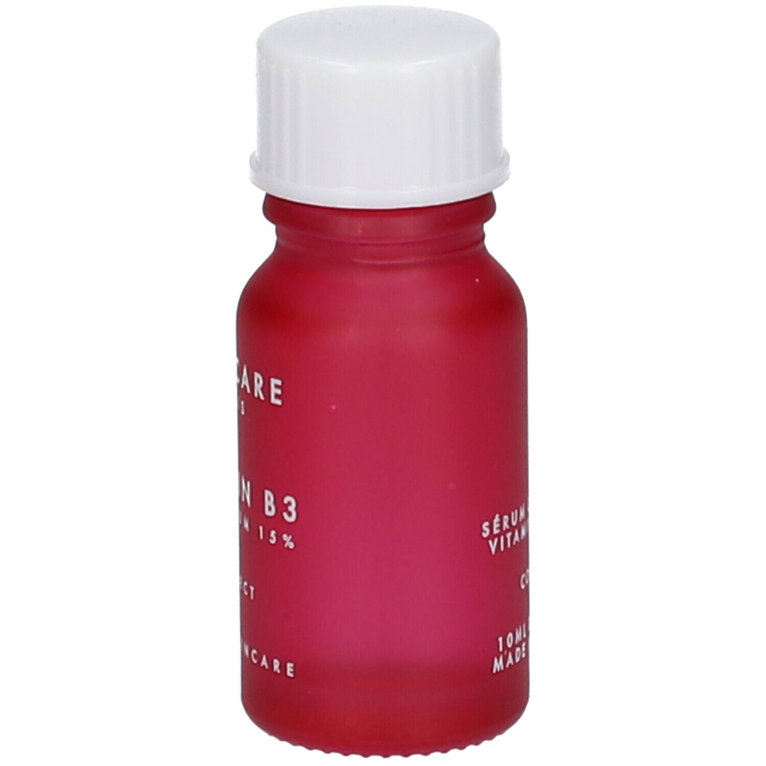 Kleine, rote Flasche mit weißem Deckel. Etikett mit Text: APOT.CARE, Vitamin B3 Pure Serum 15%, Correct, Clean Skincare, 10ml.