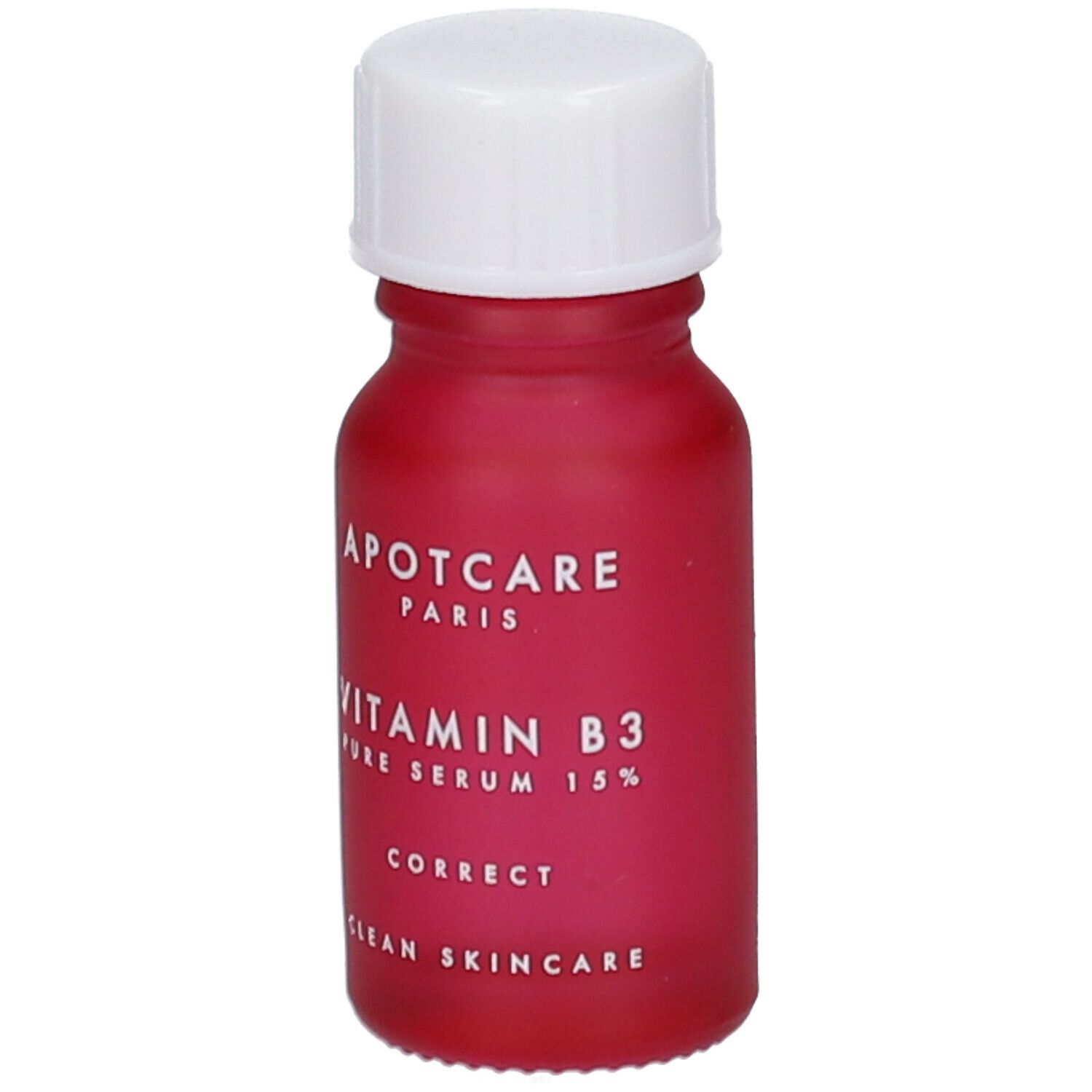 Kleine, rote Flasche mit weißem Deckel. Etikett mit Text: APOT.CARE, Vitamin B3 Pure Serum 15%, Correct, Clean Skincare.