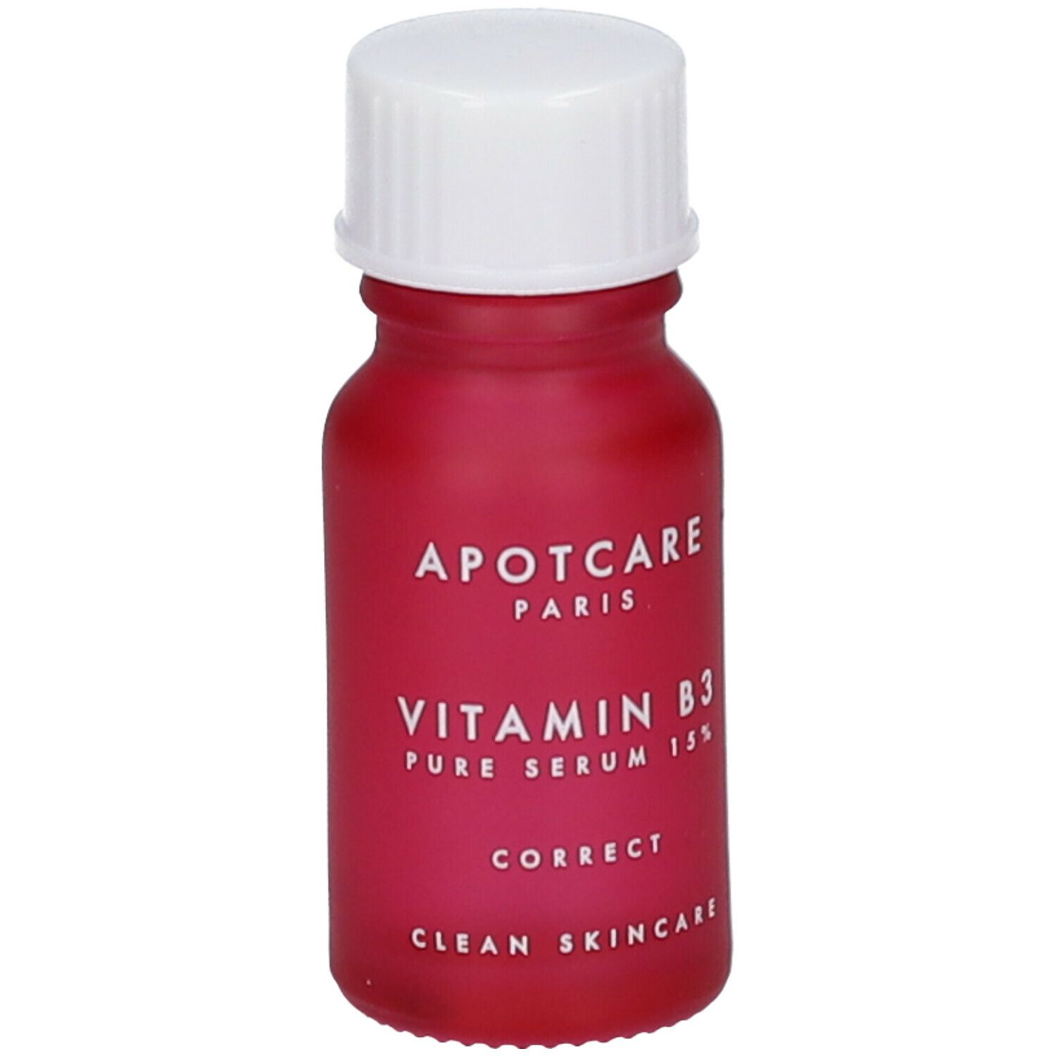 Kleine, rote Flasche mit weißem Deckel. Etikett mit Text: APOT.CARE, Vitamin B3 Pure Serum 15%, Correct, Clean Skincare.