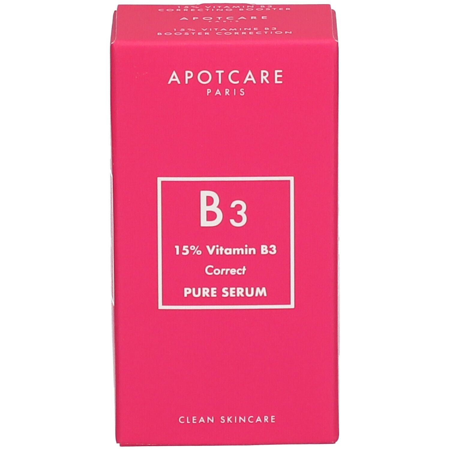 Rosa Schachtel mit Text: B3, 15% Vitamin B3, Correct, Pure Serum, Clean Skincare. Weißes Quadrat mit Text.