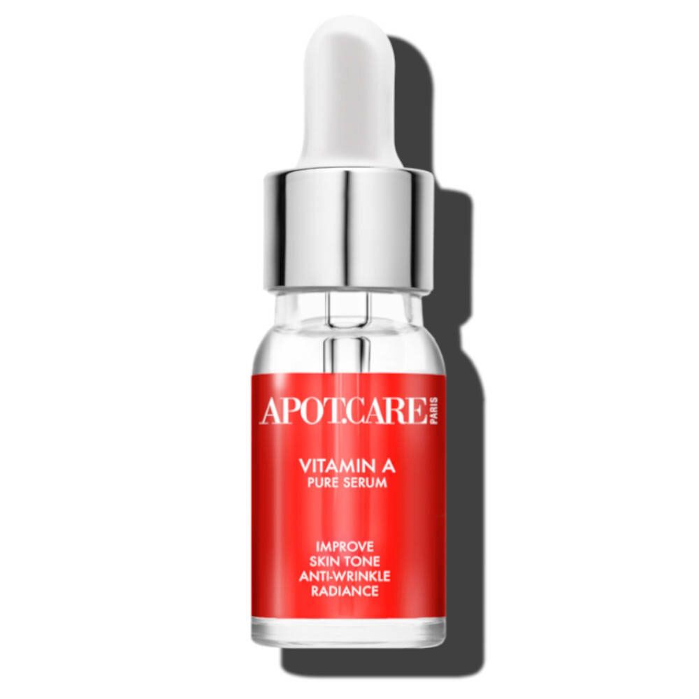 Flacon en verre transparent avec liquide rouge et pipette. Inscription: APOT.CARE Vitamin A Pure Serum. Améliore le teint, anti-rides, éclat.