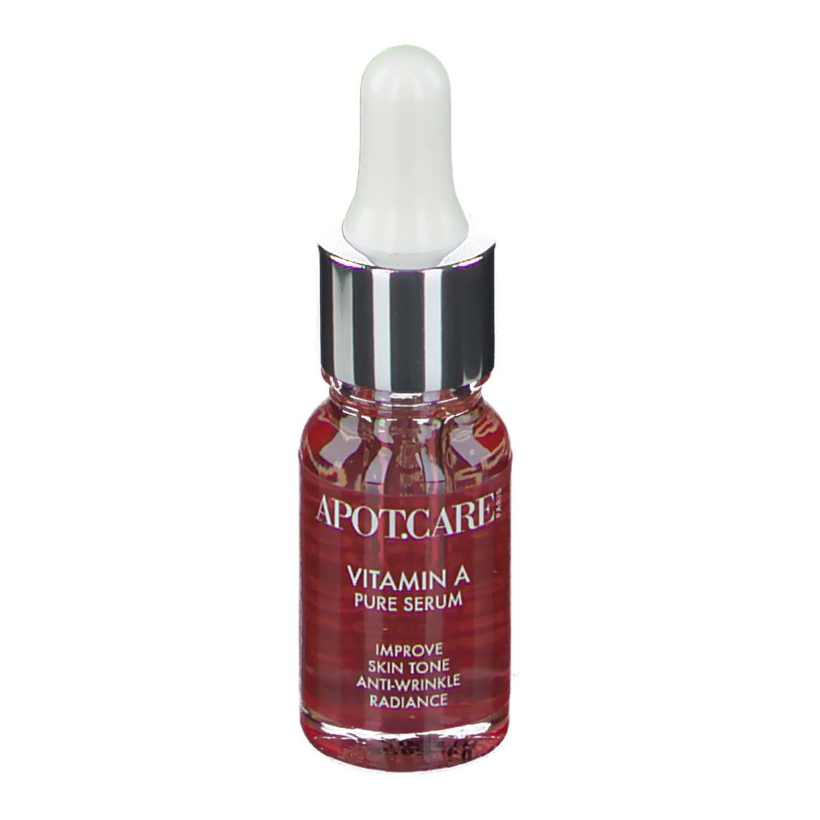 Petit flacon en verre avec liquide rouge et pipette. Inscription: APOT.CARE Vitamin A Pure Serum. Améliore le teint, anti-rides, éclat.